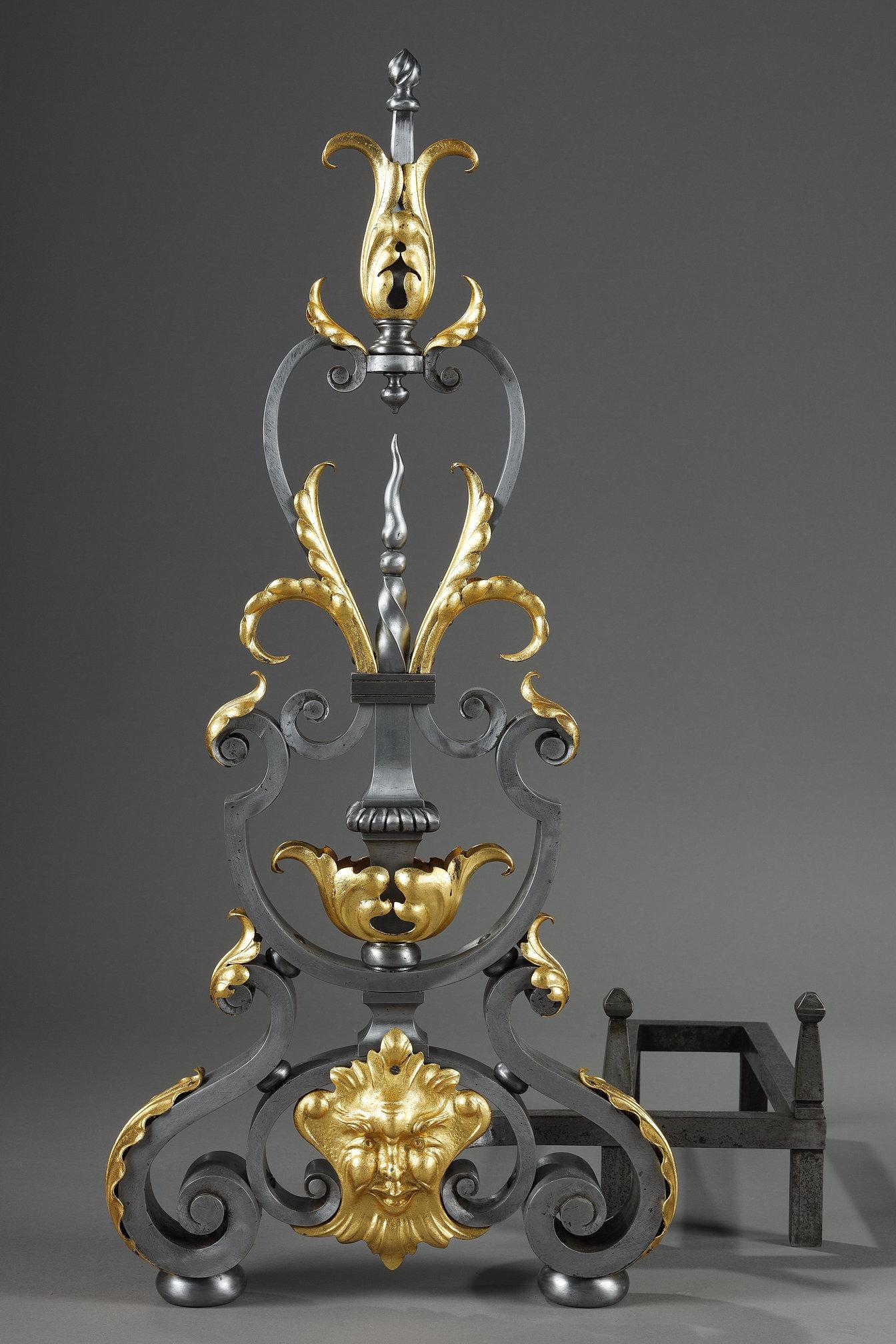 Pair of wrought iron landiers (andirons), late 19th century For Sale 1