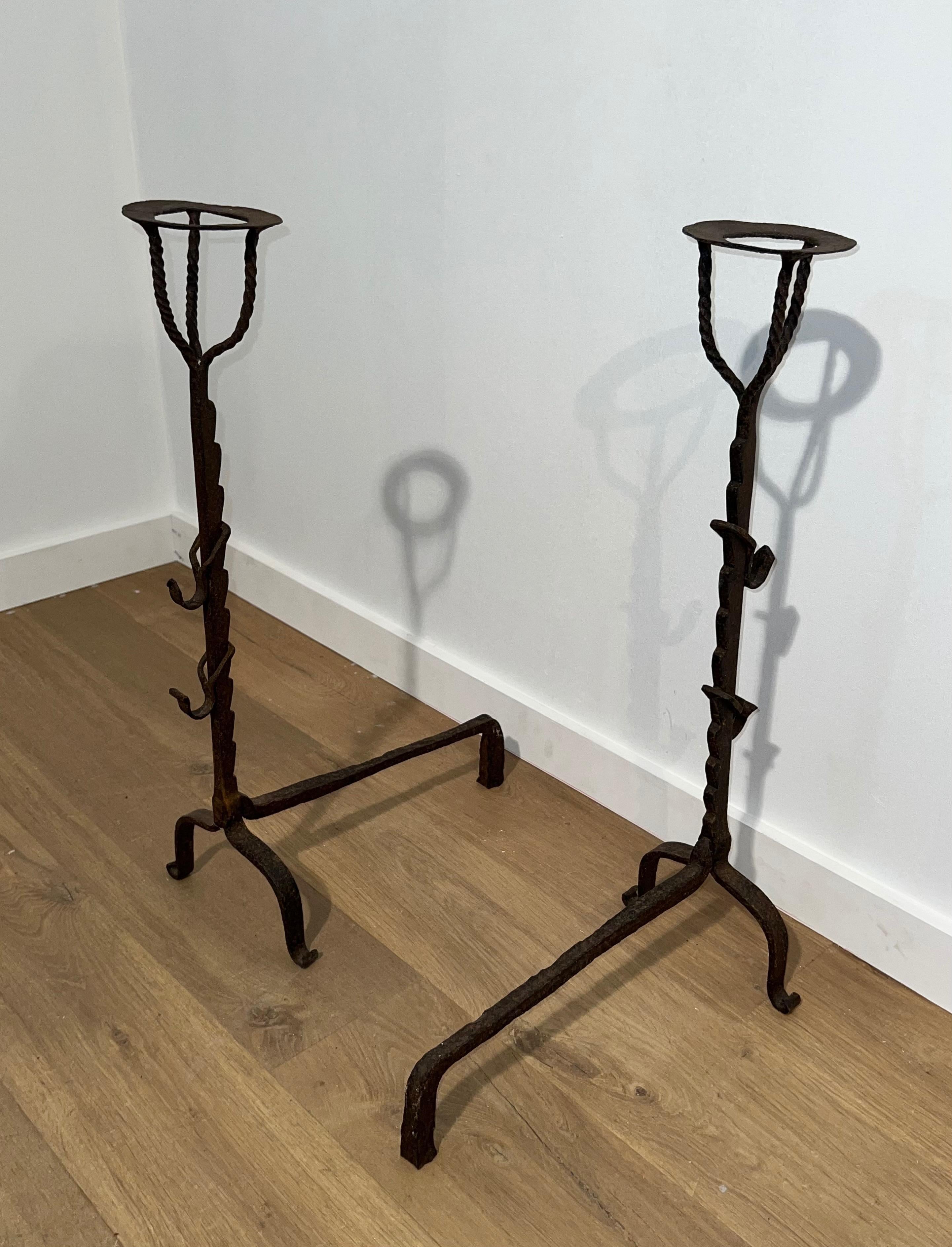 Gothic Pair of Wrought Iron Landiers. French. 18th century For Sale