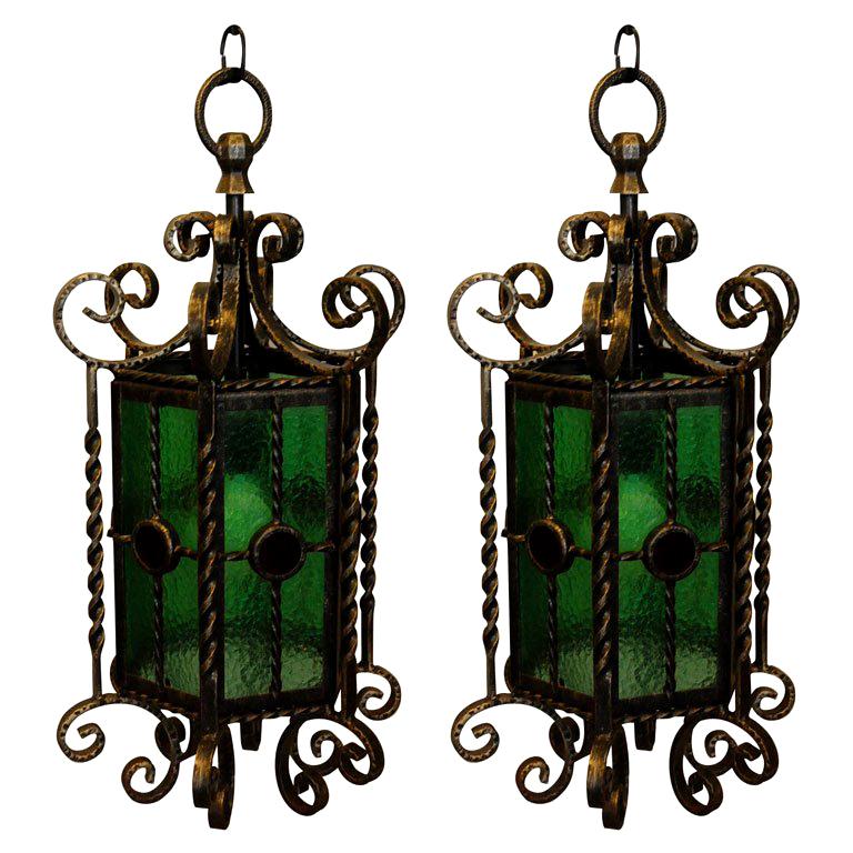 Pair of Wrought Iron Lanterns For Sale