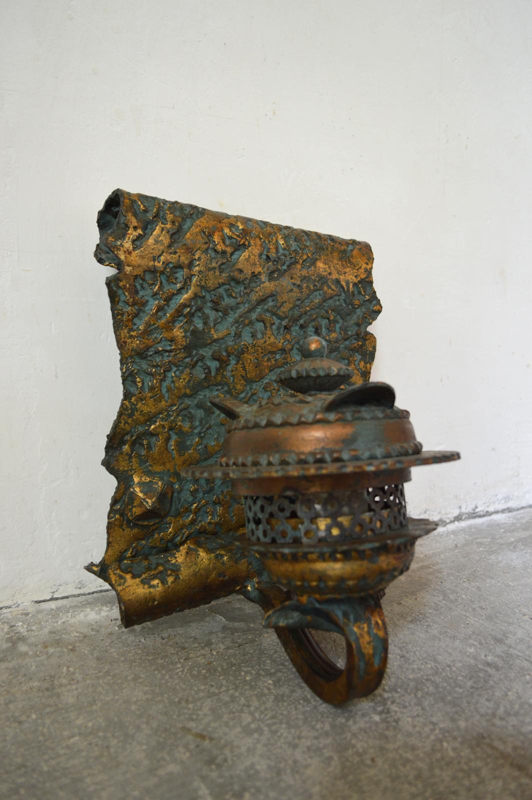 Pair of Wrought Iron Lanterns Sconces with Bronze Patina, 1970s For Sale 1