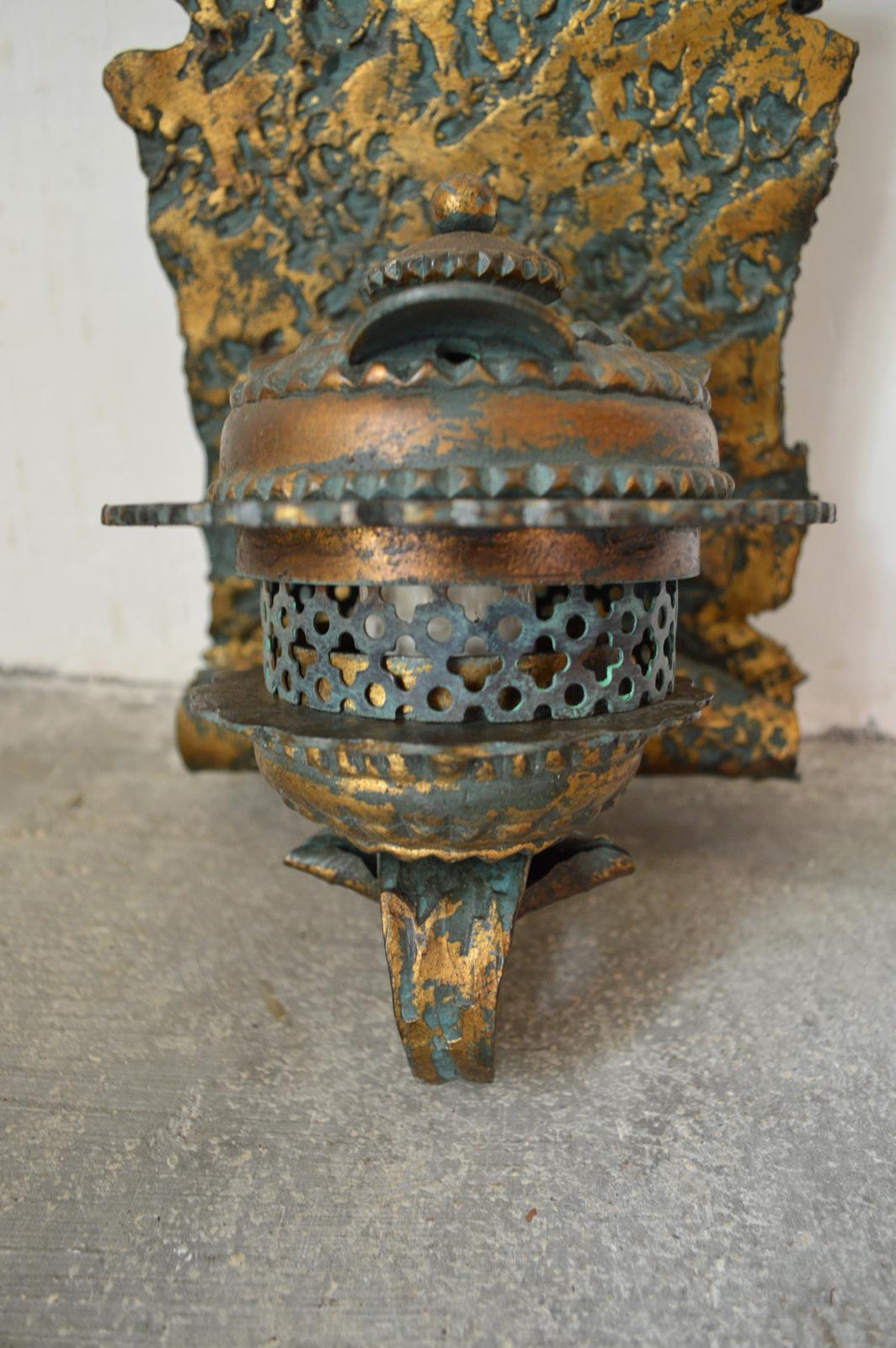 Pair of Wrought Iron Lanterns Sconces with Bronze Patina, 1970s For Sale 2