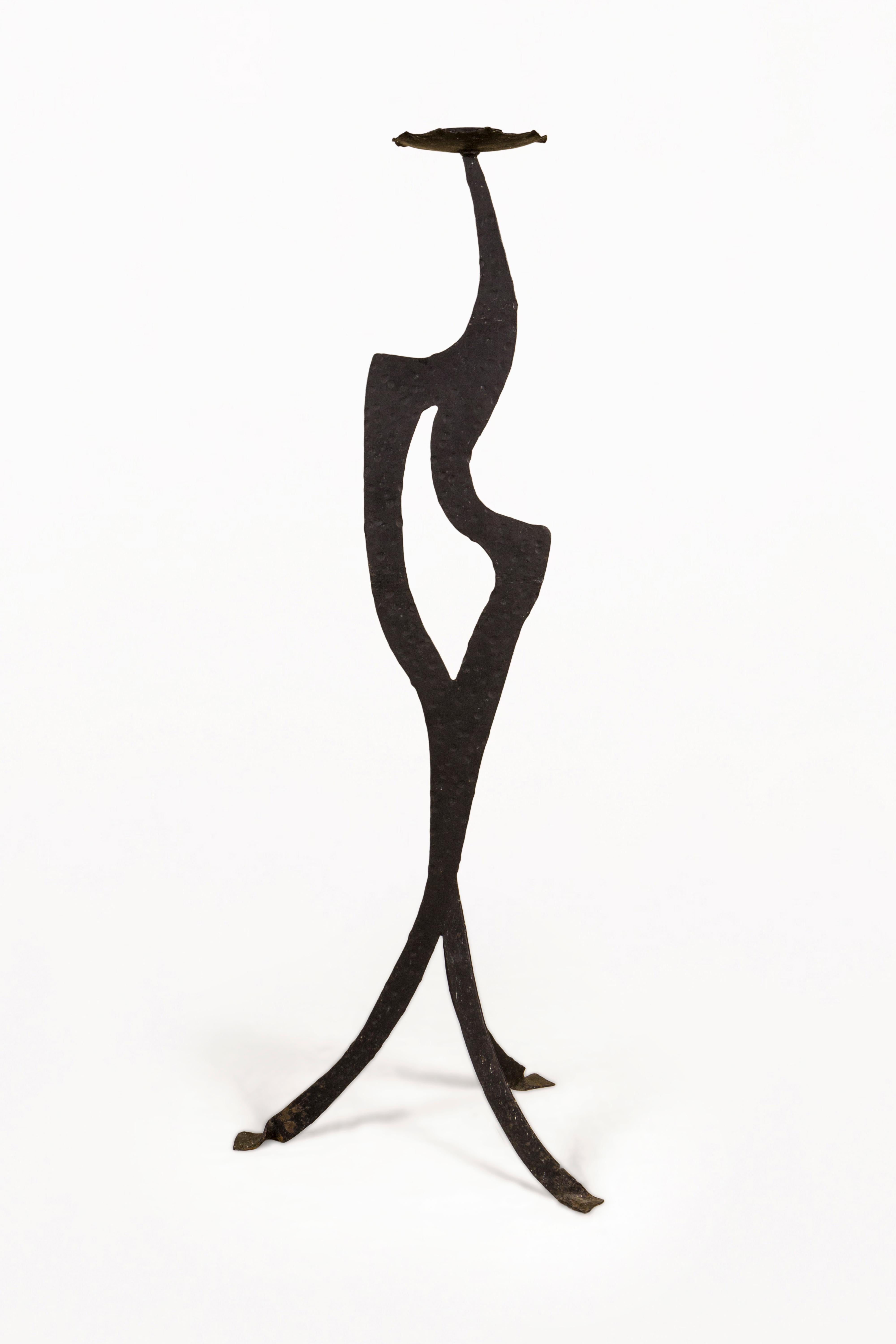 DESCRIPTION: Pair of Wrought Iron Large Brutalist Candelabras, Circa 1970s, France.
Handcrafted brutalist floor candelabra, with hammered wrought iron sculptural structures.  Exceptional size and decorative.

CONDITION: Good condition. Wear