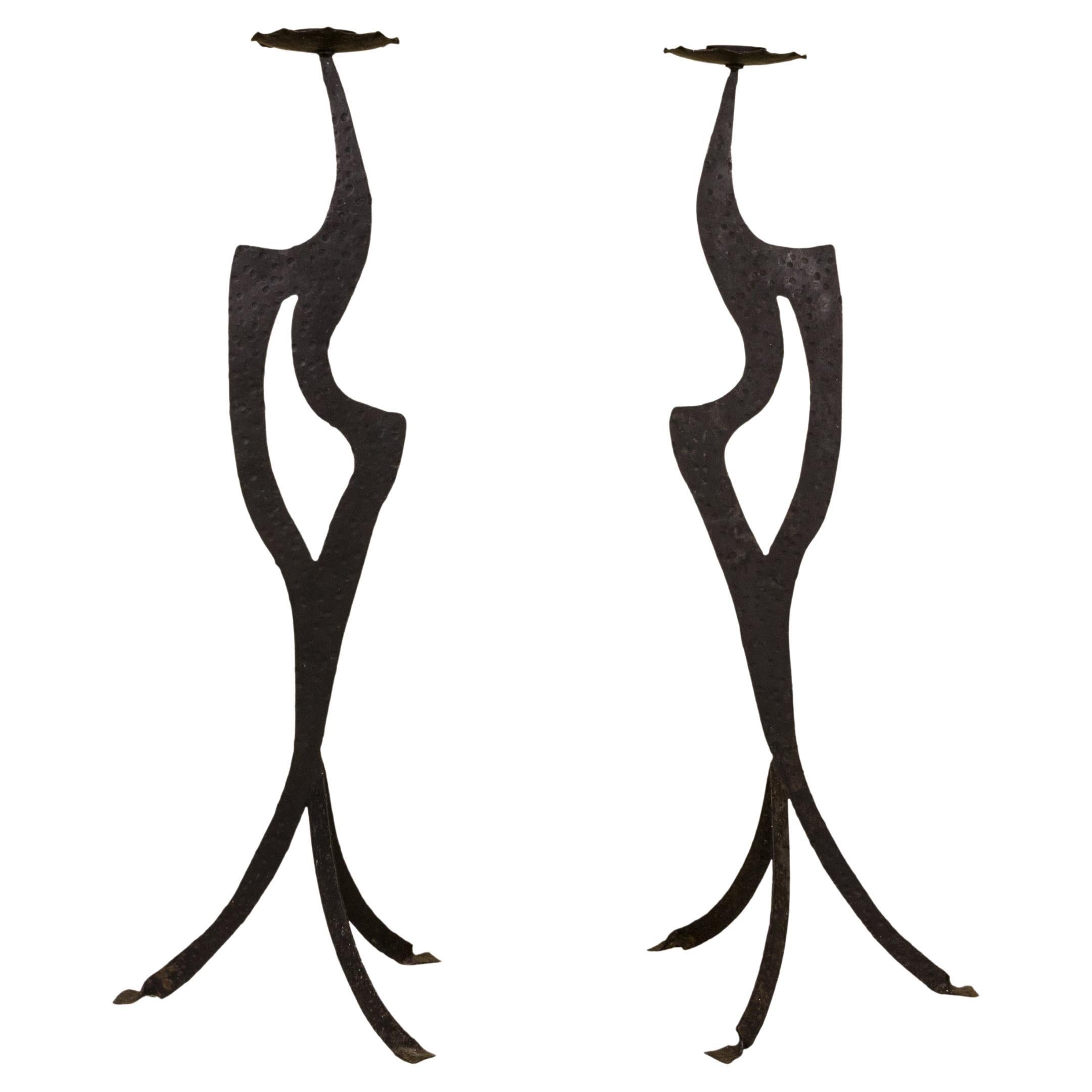 Pair of Wrought Iron Large Brutalist Candelabras, Circa 1970s, France For Sale