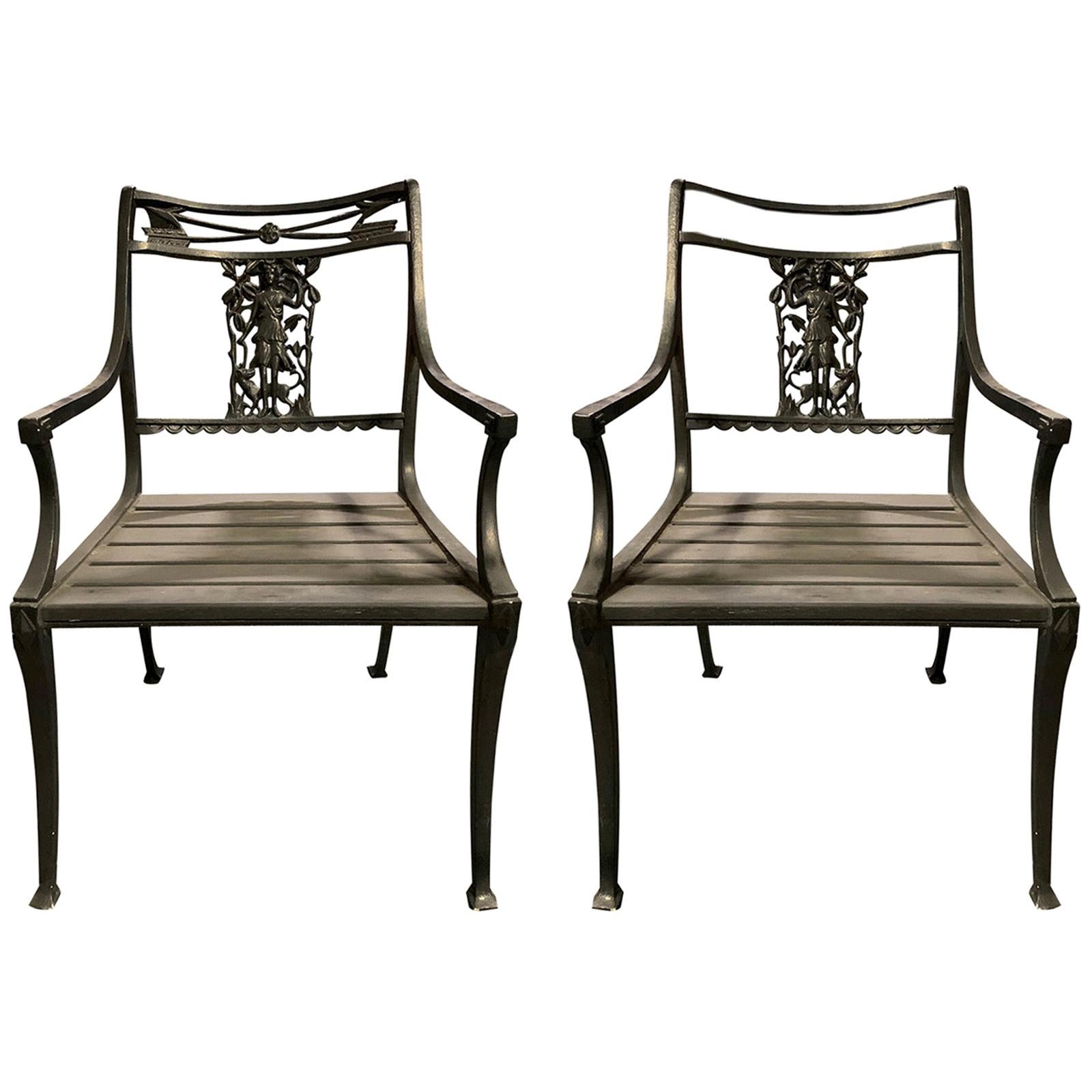 Pair of Wrought Iron Neoclassical "Diana the Huntress" Garden Chairs by Molla