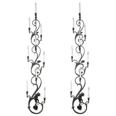 Pair of Wrought Iron Nine-Light Candelabra Wall Sconces