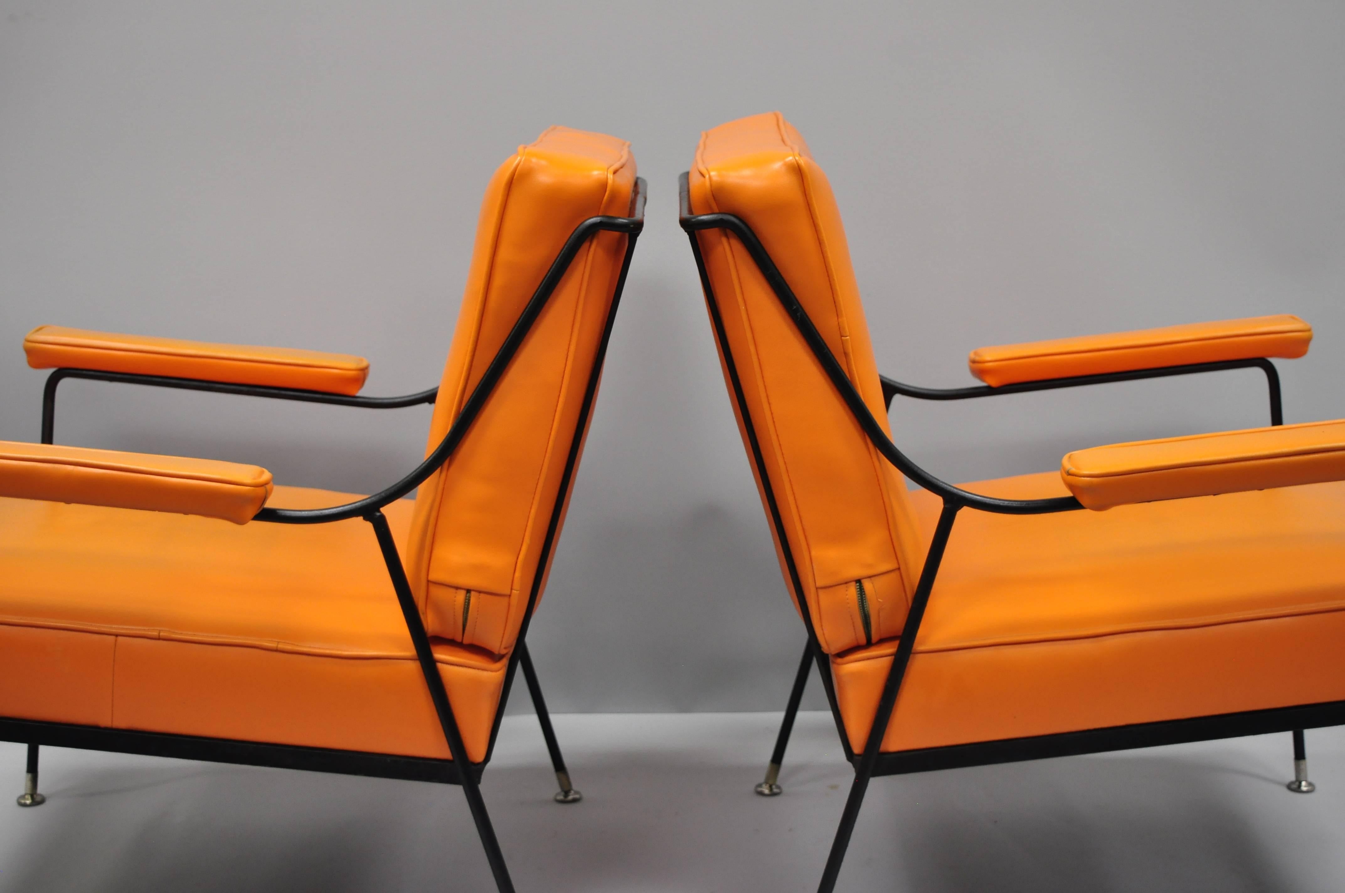 Pair of Wrought Iron & Orange Vinyl Lounge Chairs attr Milo Baughman for Pacific 3