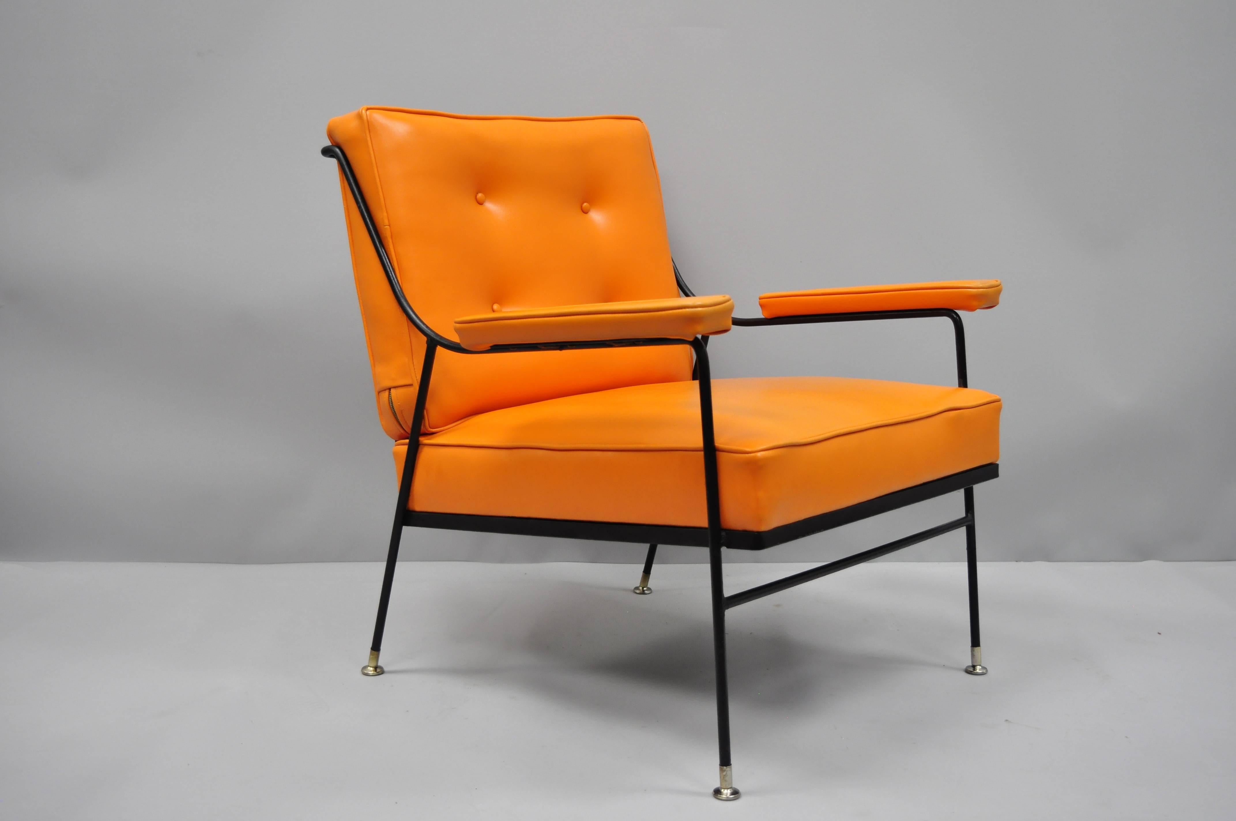 Pair of Wrought Iron & Orange Vinyl Lounge Chairs attr Milo Baughman for Pacific 6