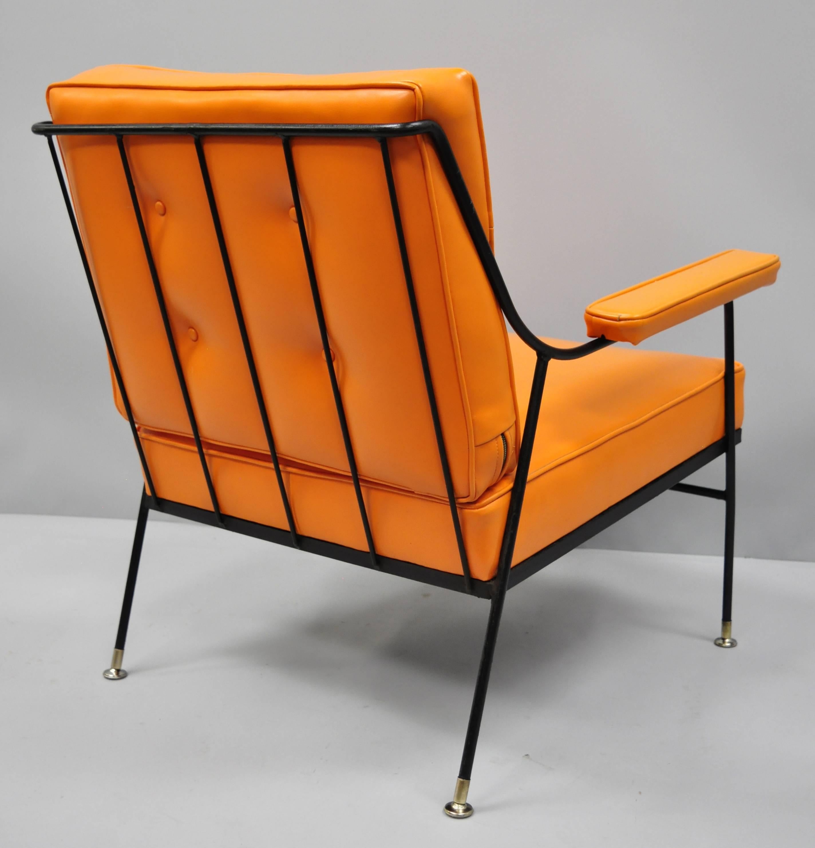 Mid-Century Modern Pair of Wrought Iron & Orange Vinyl Lounge Chairs attr Milo Baughman for Pacific