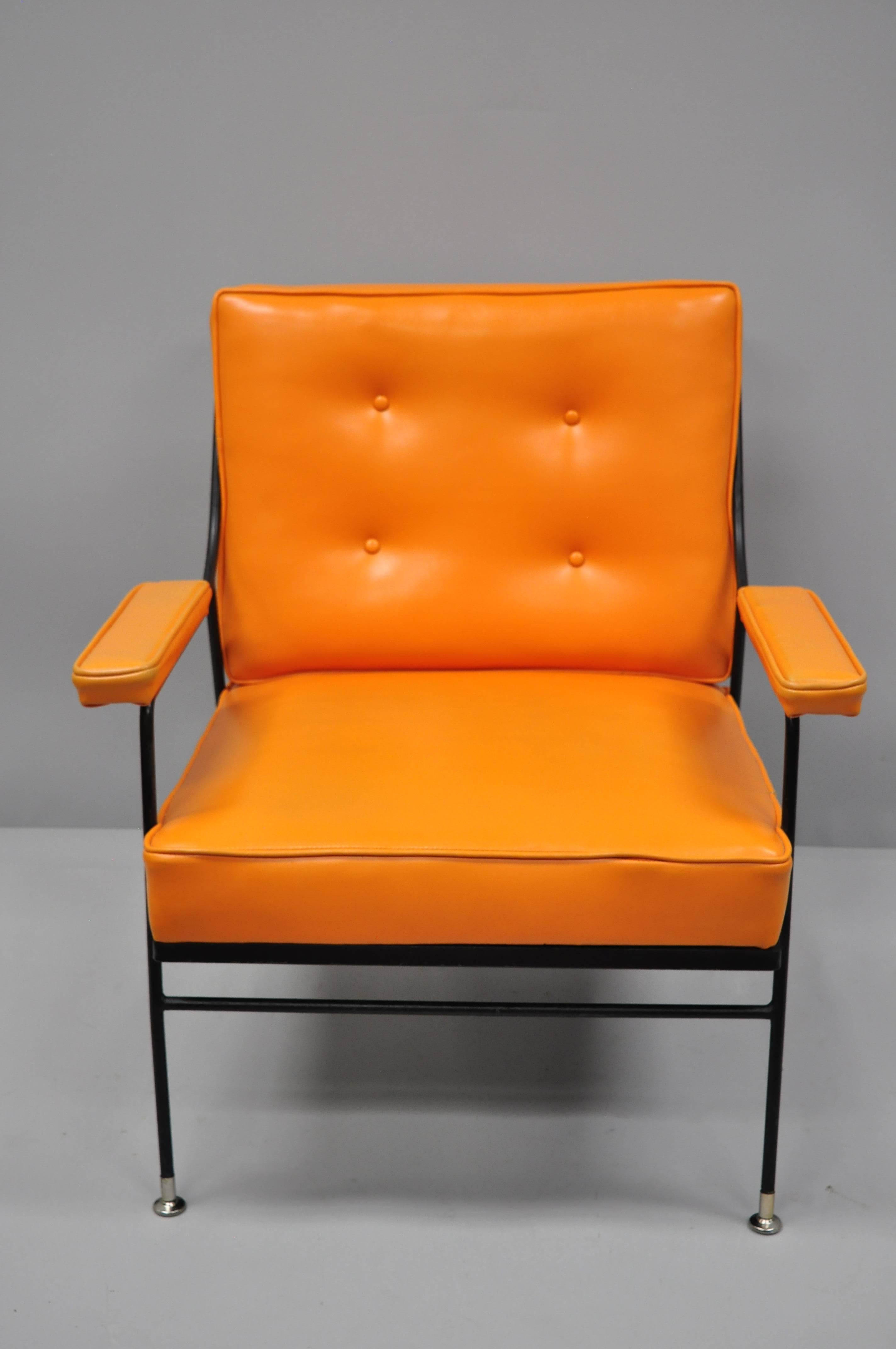 American Pair of Wrought Iron & Orange Vinyl Lounge Chairs attr Milo Baughman for Pacific
