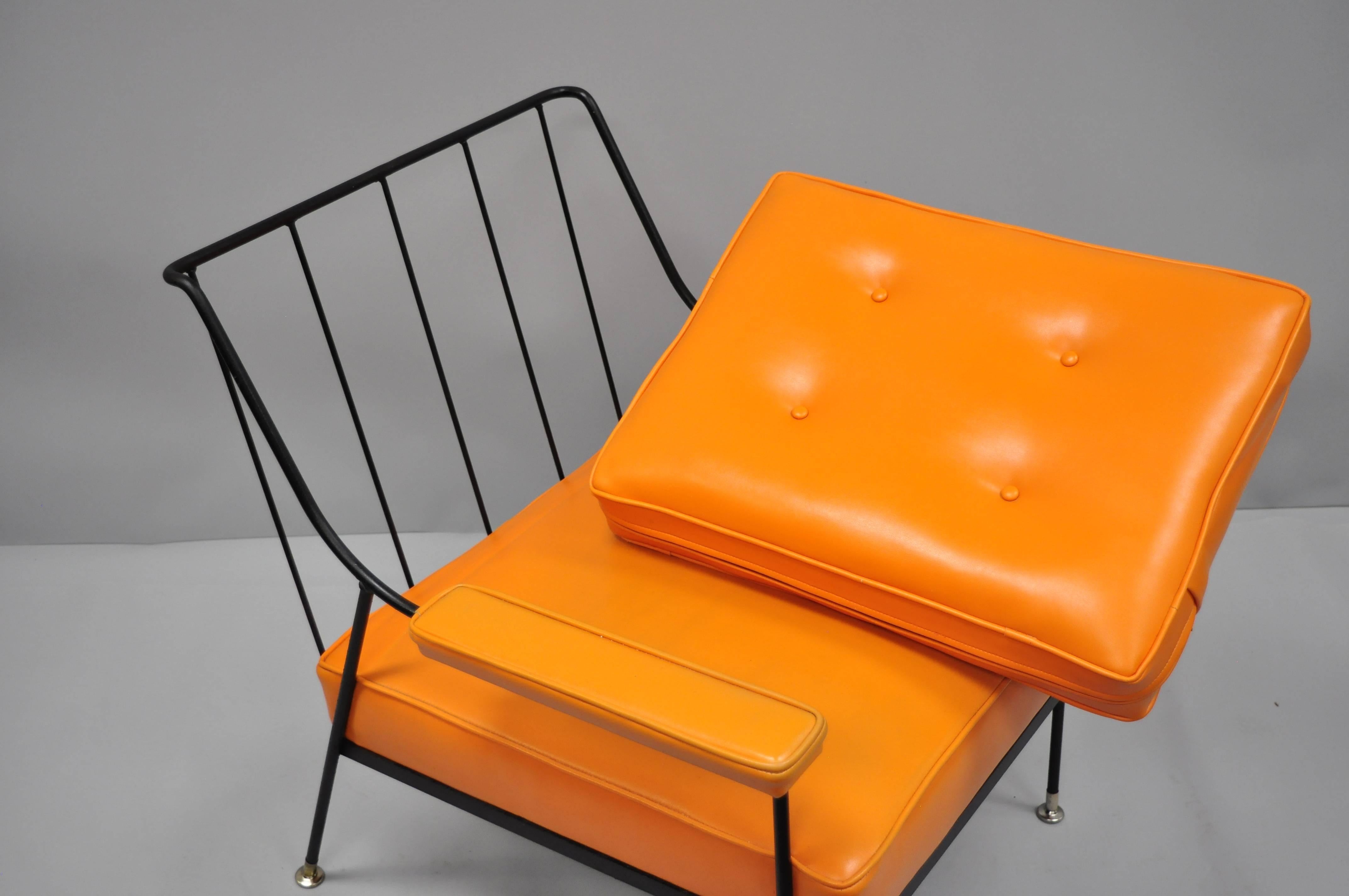 Mid-20th Century Pair of Wrought Iron & Orange Vinyl Lounge Chairs attr Milo Baughman for Pacific