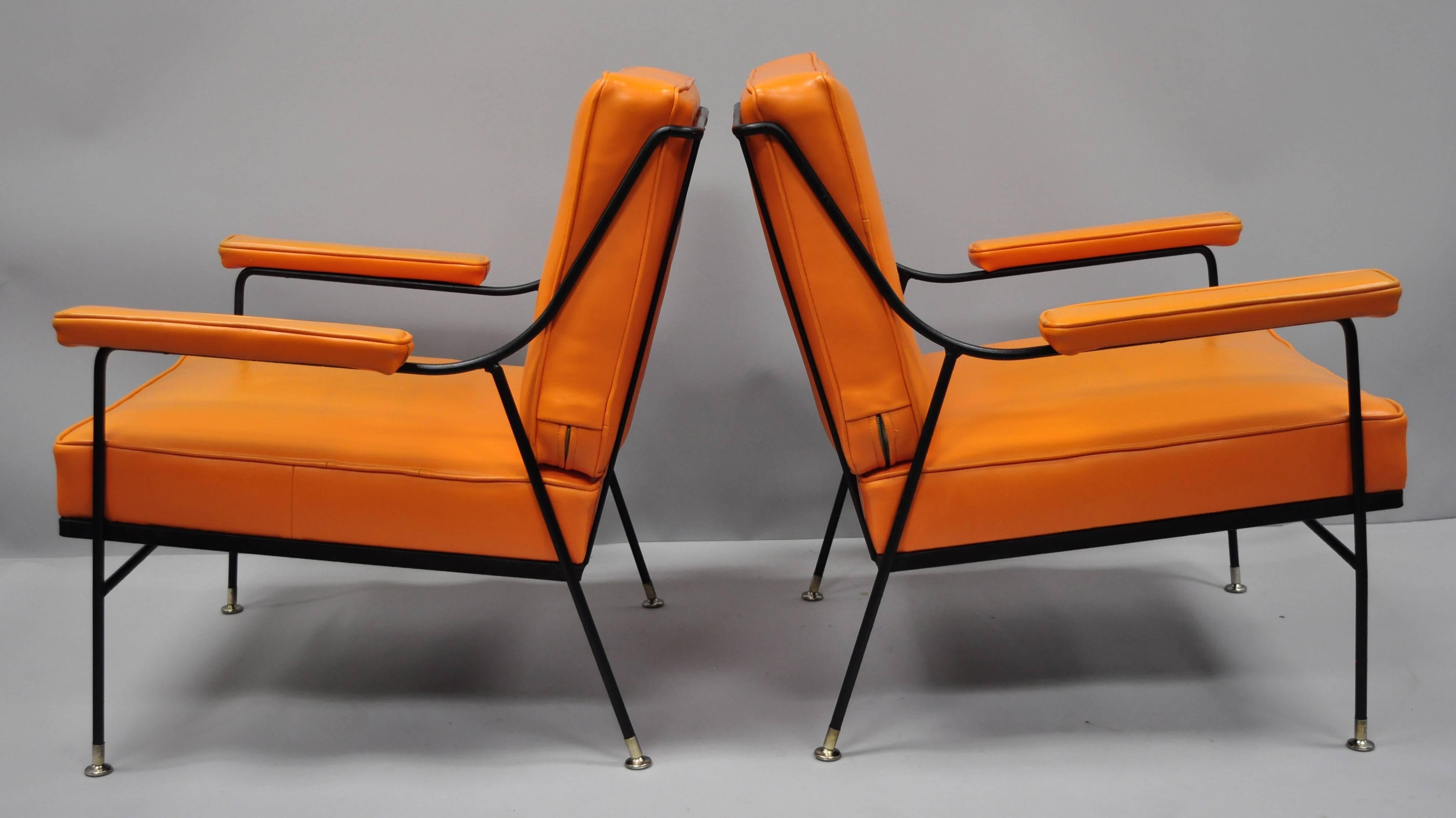 Pair of Wrought Iron & Orange Vinyl Lounge Chairs attr Milo Baughman for Pacific 2