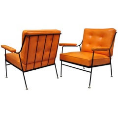 Pair of Wrought Iron & Orange Vinyl Lounge Chairs attr Milo Baughman for Pacific