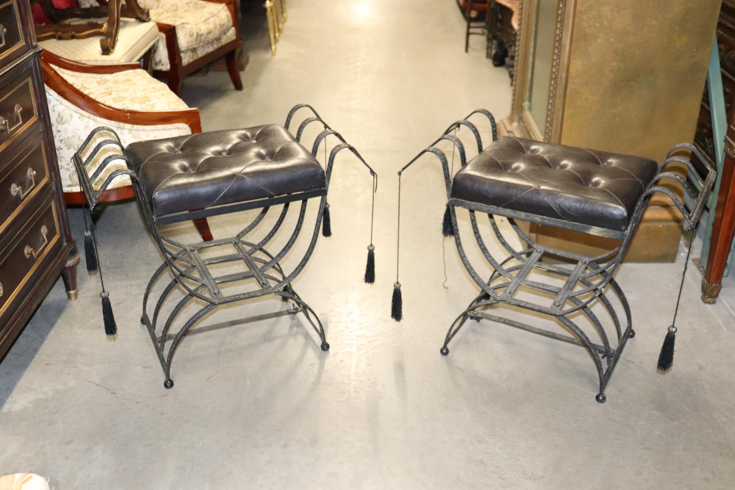 Neoclassical Revival Pair of Wrought Iron Savonarolla Style Italian Ebonized Benches with Tassels