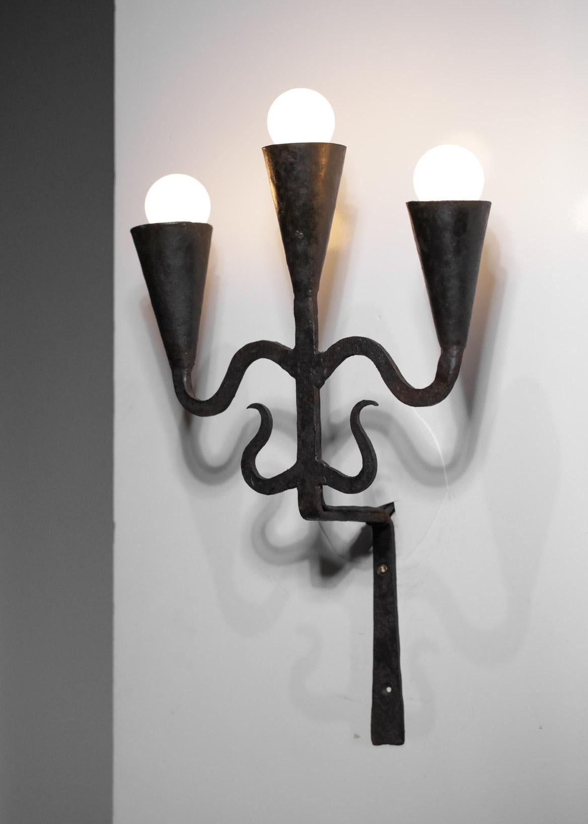 French Pair of Wrought Iron Sconces Brutalist Style Vintage