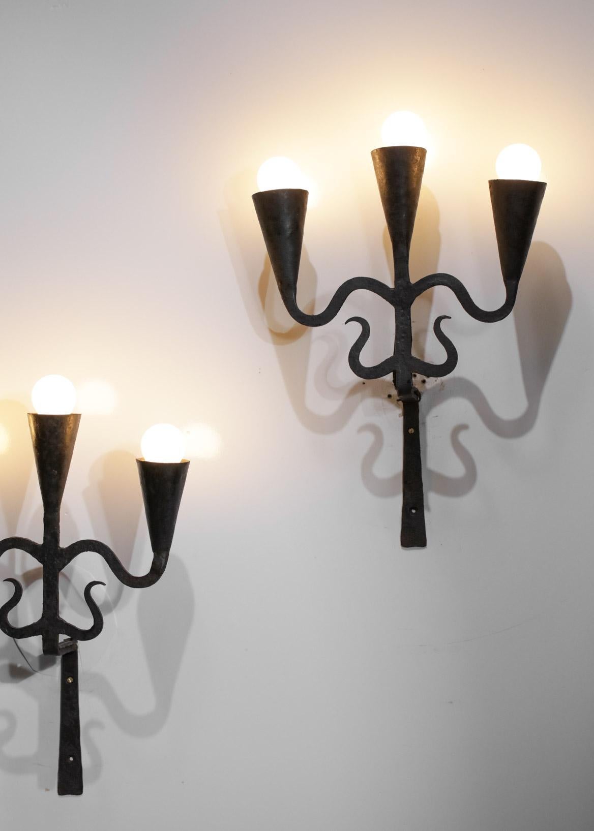 Hand-Crafted Pair of Wrought Iron Sconces Brutalist Style Vintage