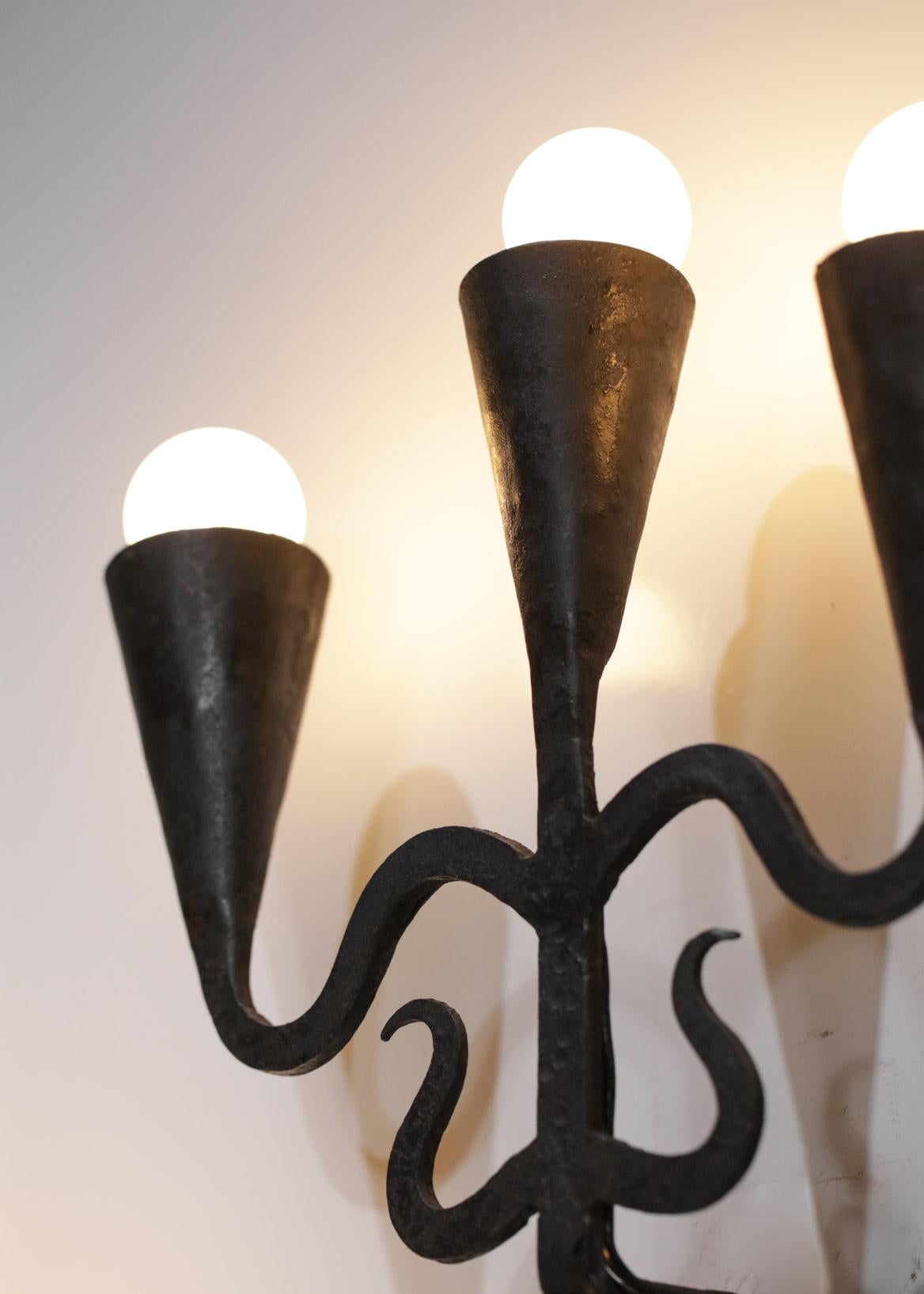 Mid-20th Century Pair of Wrought Iron Sconces Brutalist Style Vintage