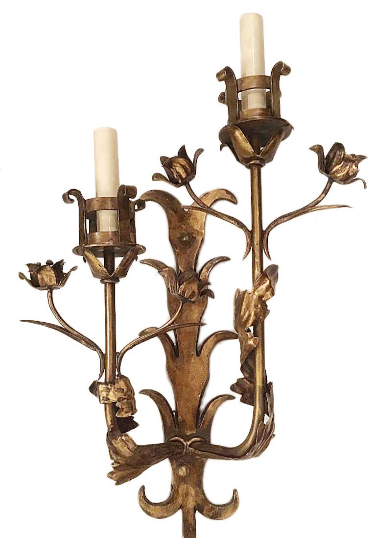 A pair of circa 1920's Italian wrought iron 2-arm sconces with original finish.

Measurements:
Height: 24
