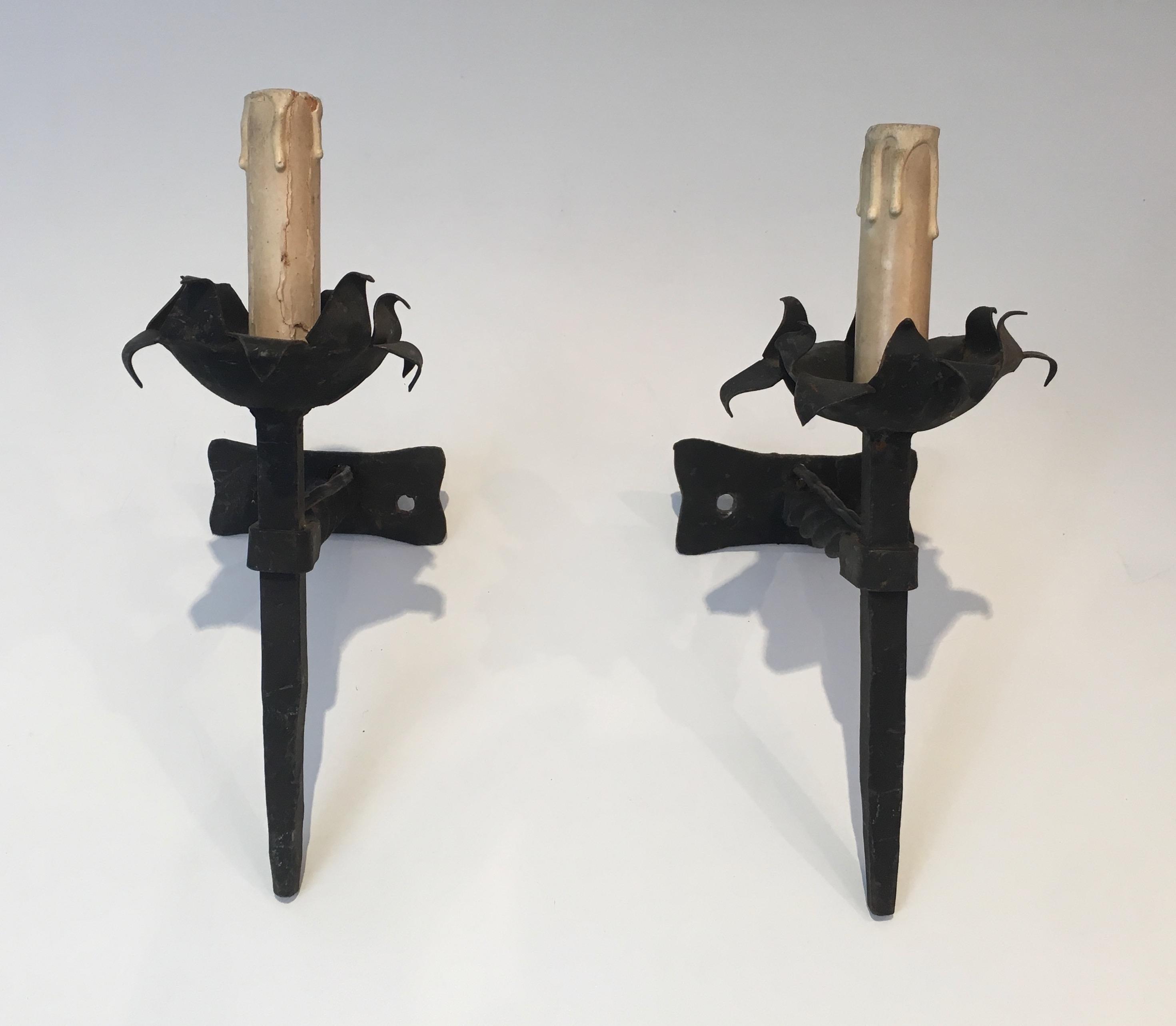 Gothic Pair of Wrought Iron Sconces, French, circa 1940