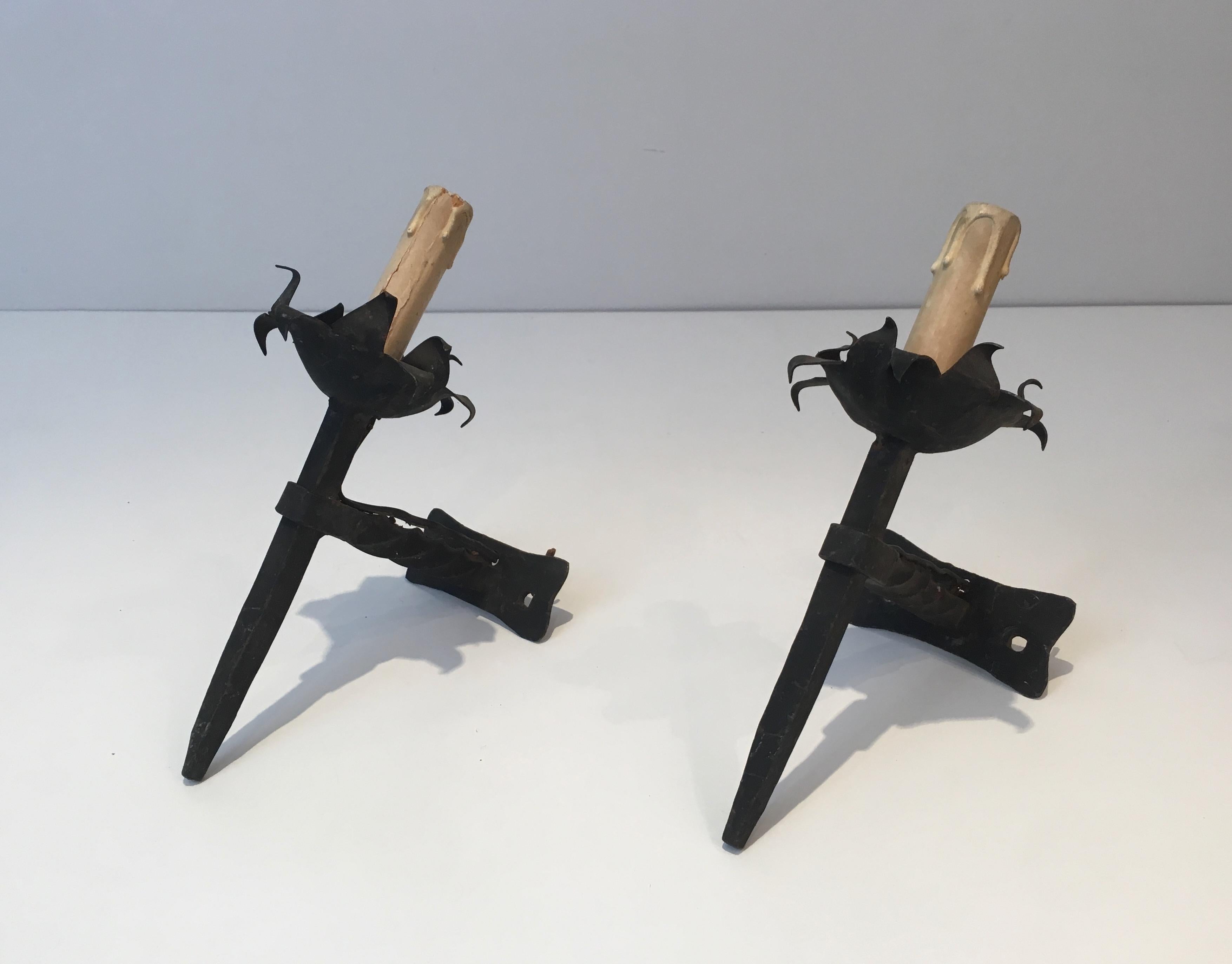 Mid-20th Century Pair of Wrought Iron Sconces, French, circa 1940