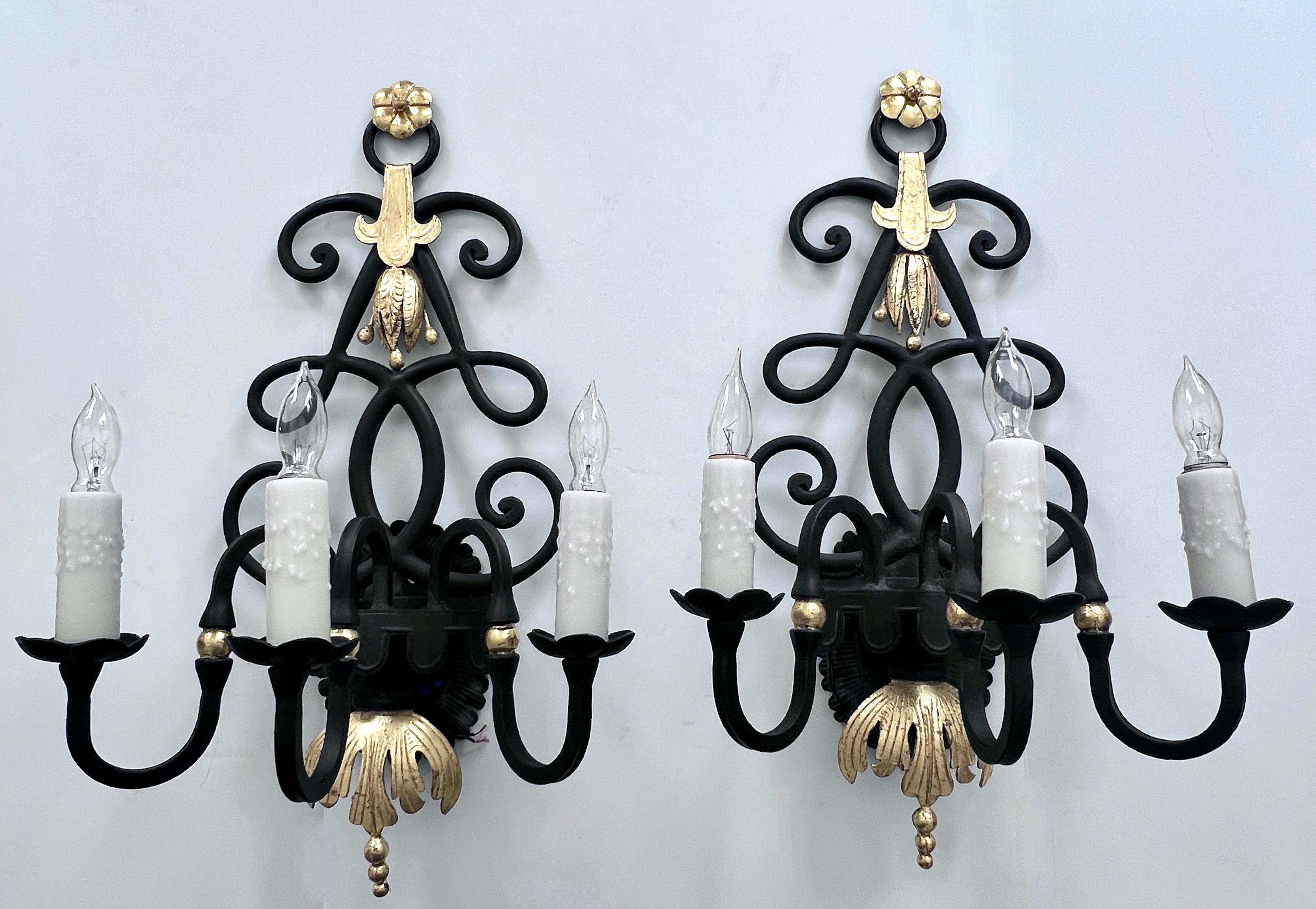 Pair of Wrought Iron Sconces with 24K Gold in the Style of Rene Drouet For Sale 3