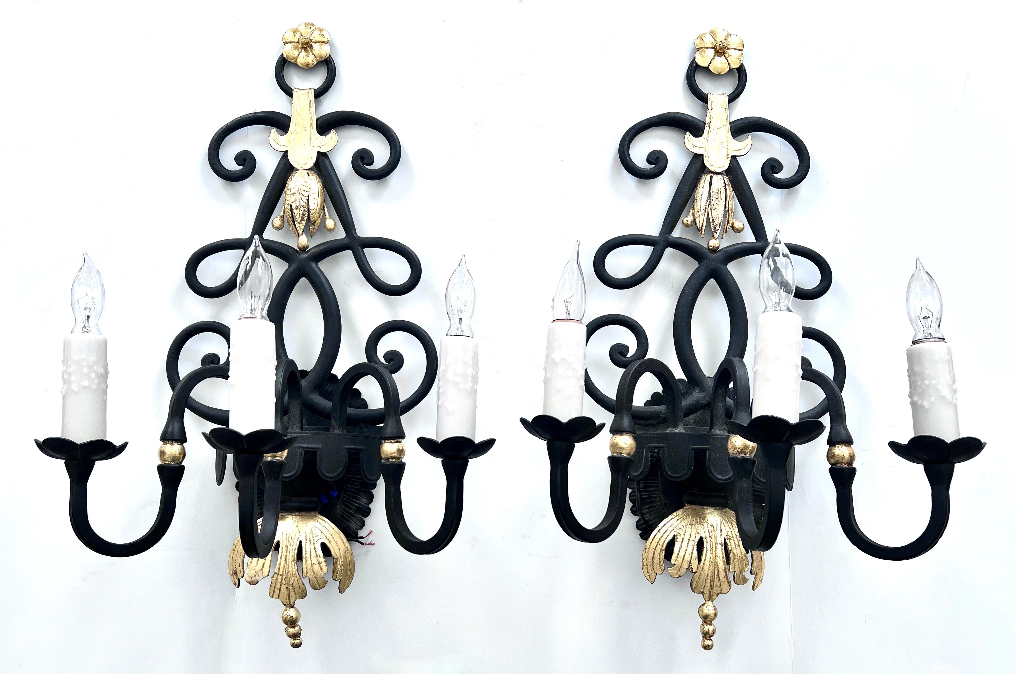 French Pair of Wrought Iron Sconces with 24K Gold in the Style of Rene Drouet For Sale