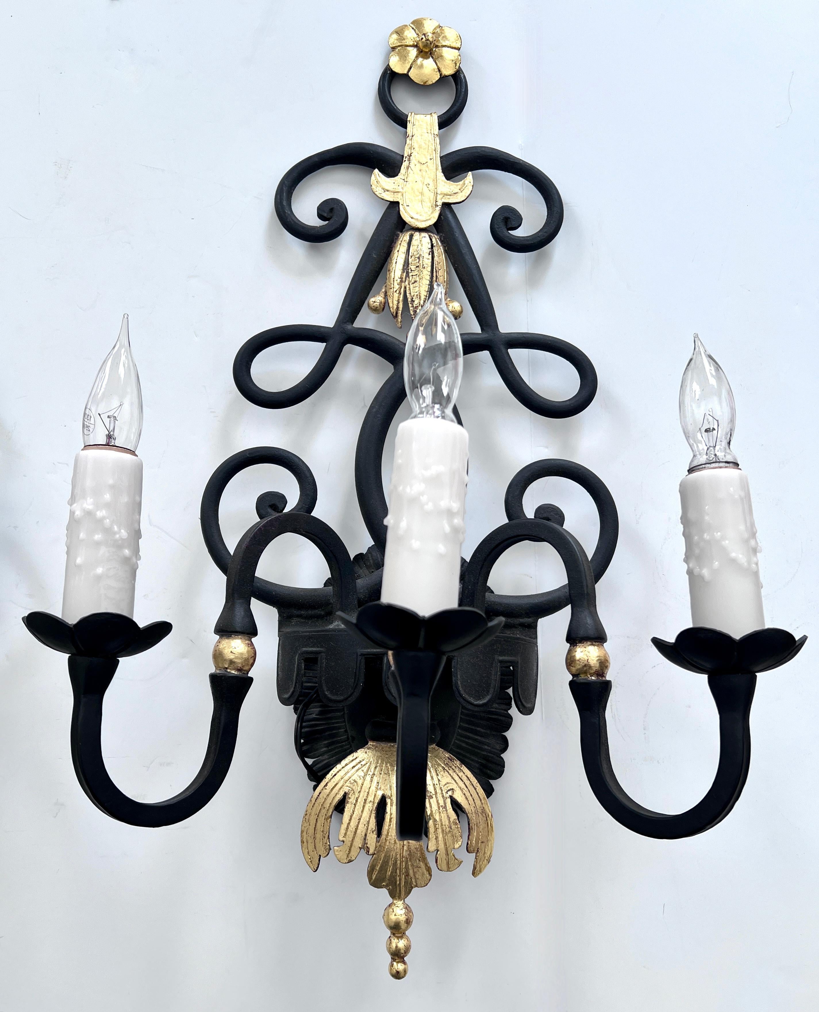 Patinated Pair of Wrought Iron Sconces with 24K Gold in the Style of Rene Drouet For Sale