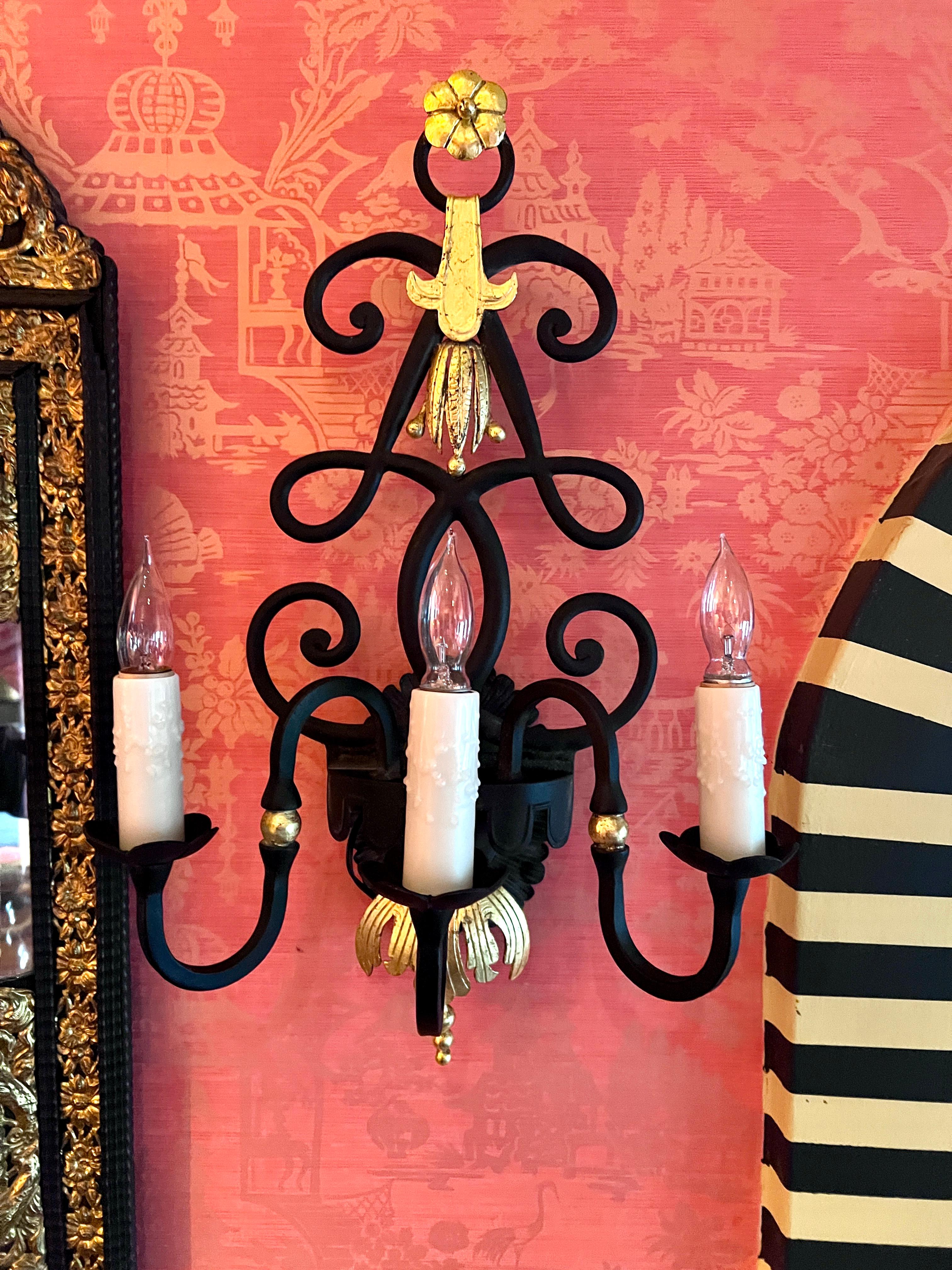 Pair of Wrought Iron Sconces with 24K Gold in the Style of Rene Drouet In Good Condition For Sale In Los Angeles, CA