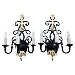 Pair of Wrought Iron Sconces with 24K Gold in the Style of Rene Drouet
