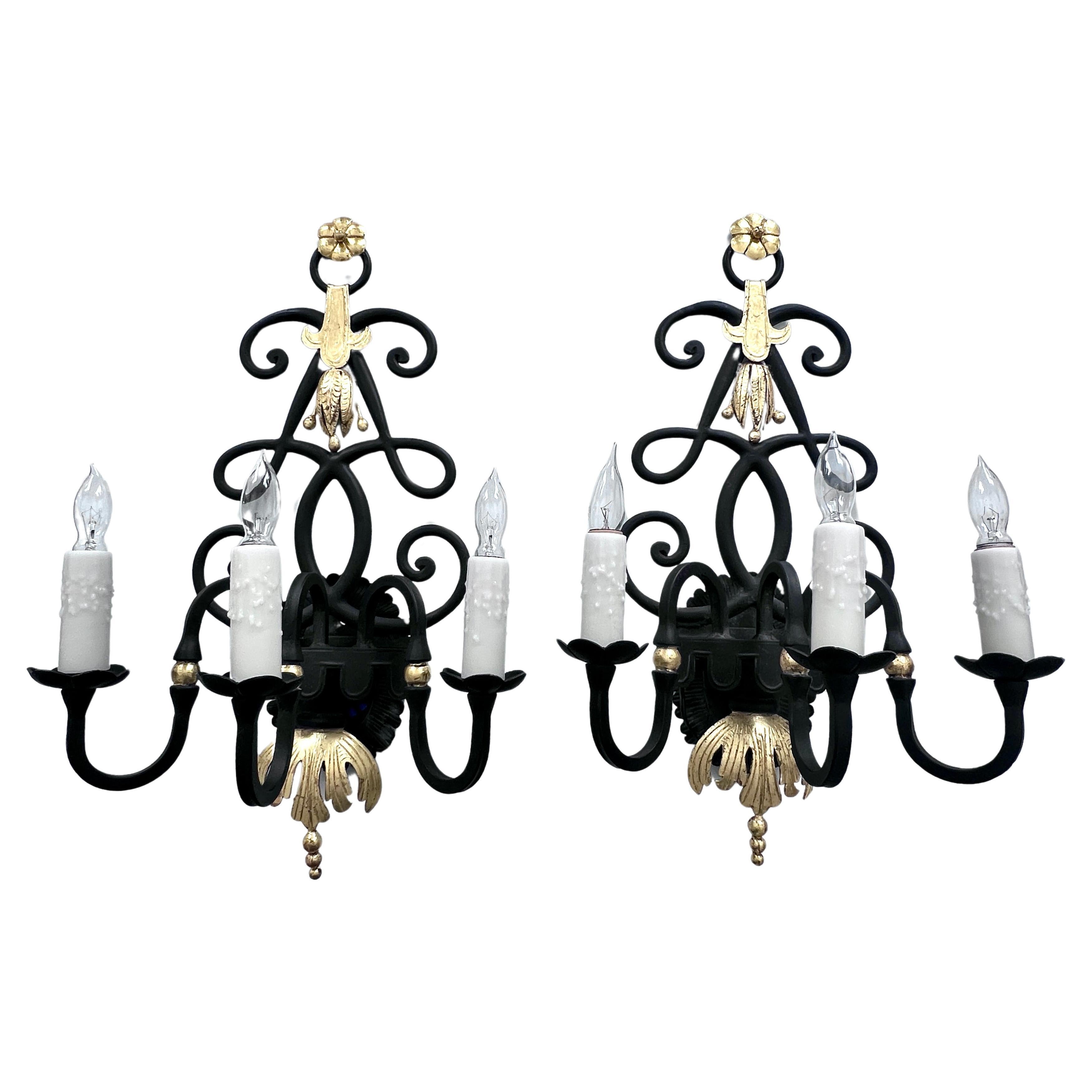 Pair of Wrought Iron Sconces with 24K Gold in the Style of Rene Drouet For Sale