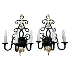 Vintage Pair of Wrought Iron Sconces with 24K Gold in the Style of Rene Drouet