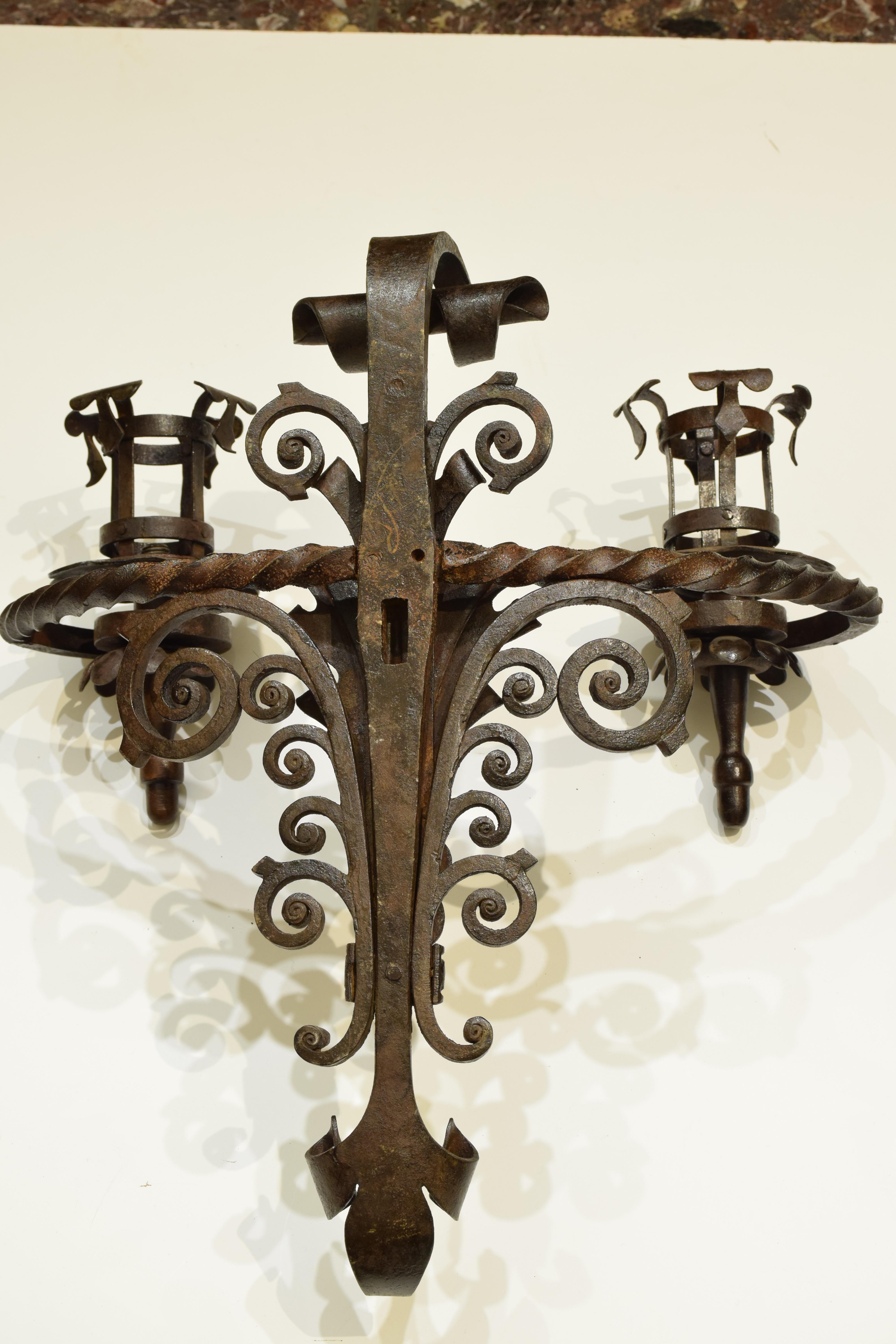 Pair of Wrought Iron Sconces with Double Candle Holders Black, Late 19th Century For Sale 2
