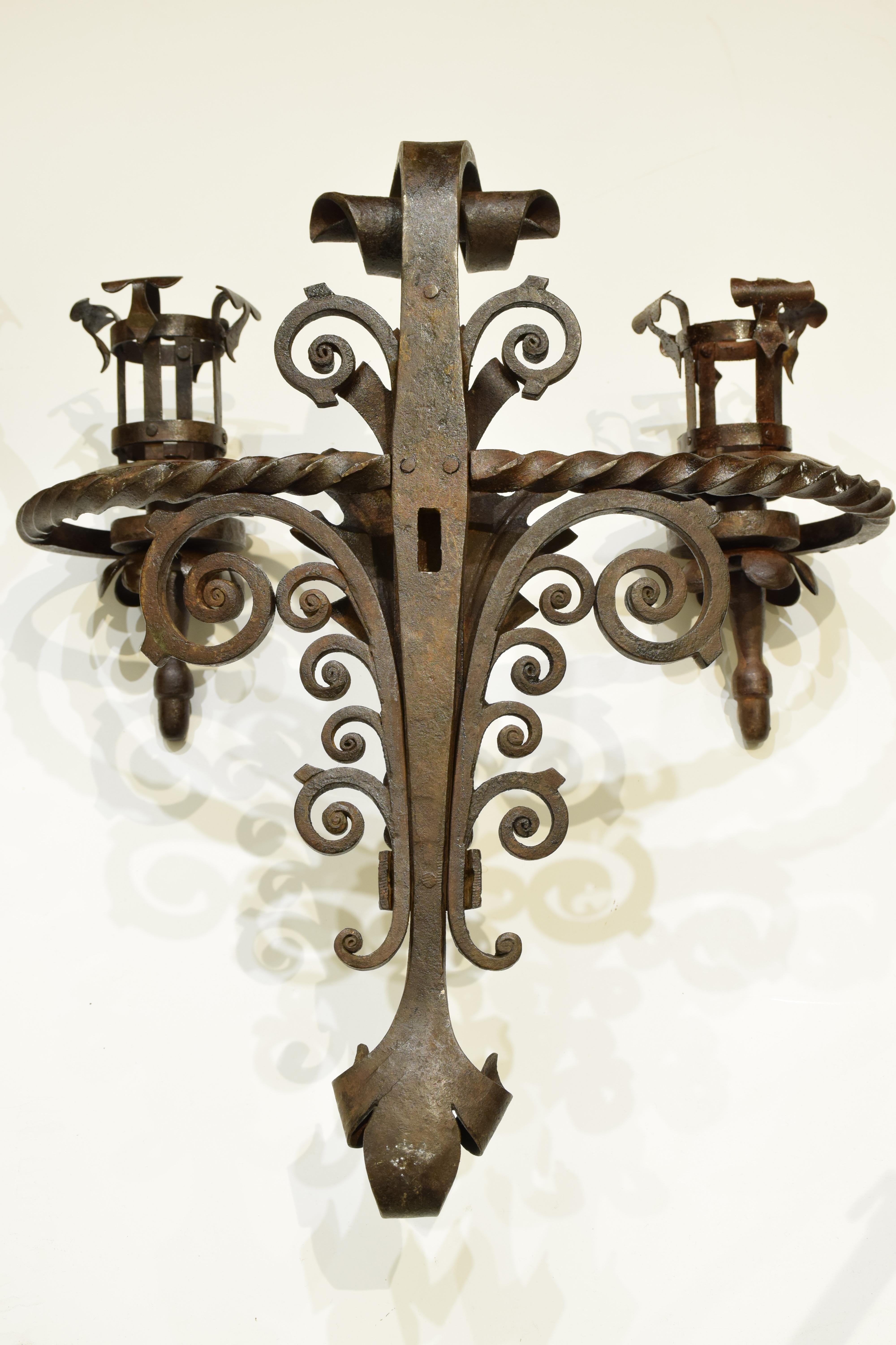 Pair of Wrought Iron Sconces with Double Candle Holders Black, Late 19th Century For Sale 1