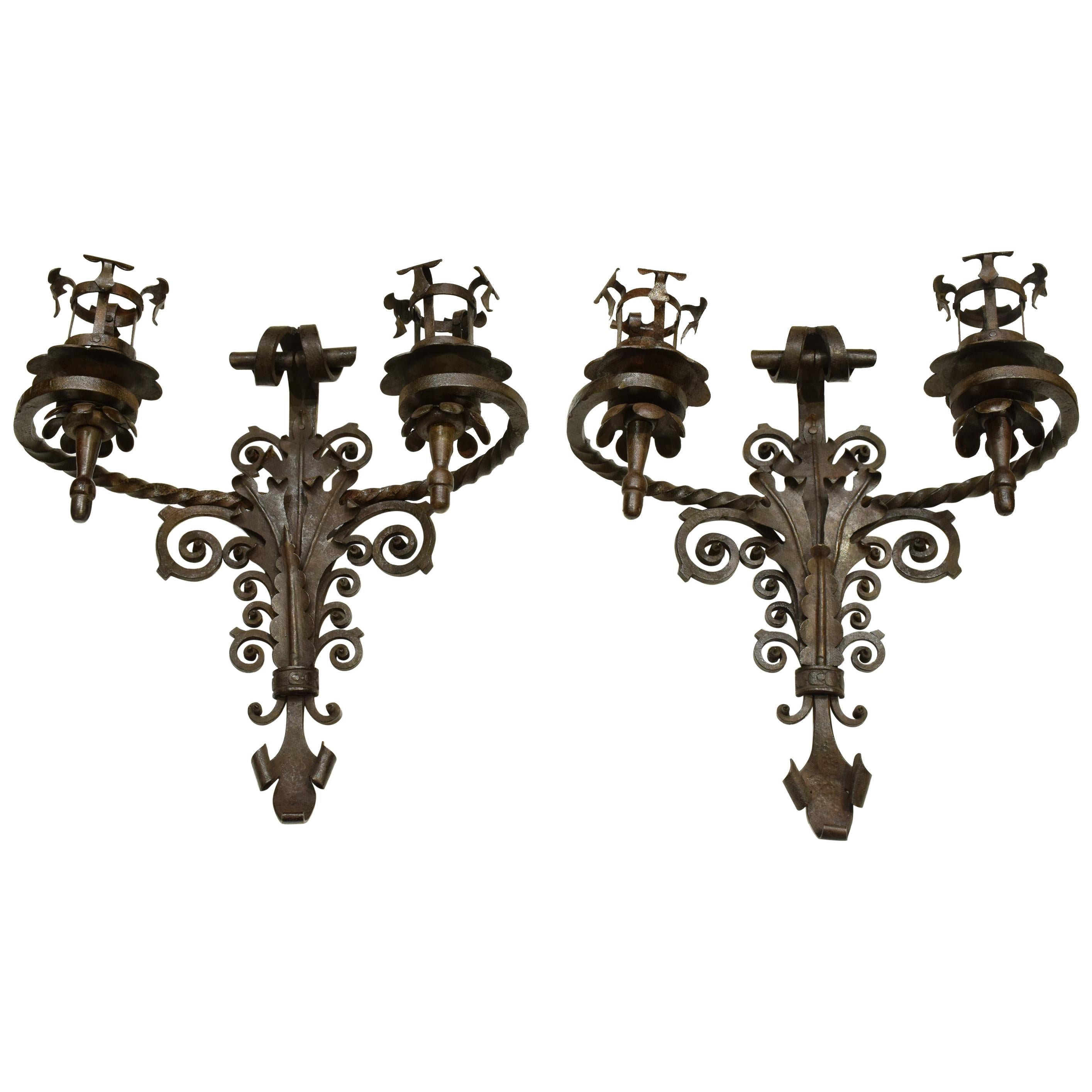 Pair of Wrought Iron Sconces with Double Candle Holders Black, Late 19th Century