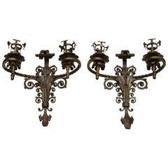 Pair of Wrought Iron Sconces with Double Candle Holders Black, Late 19th Century