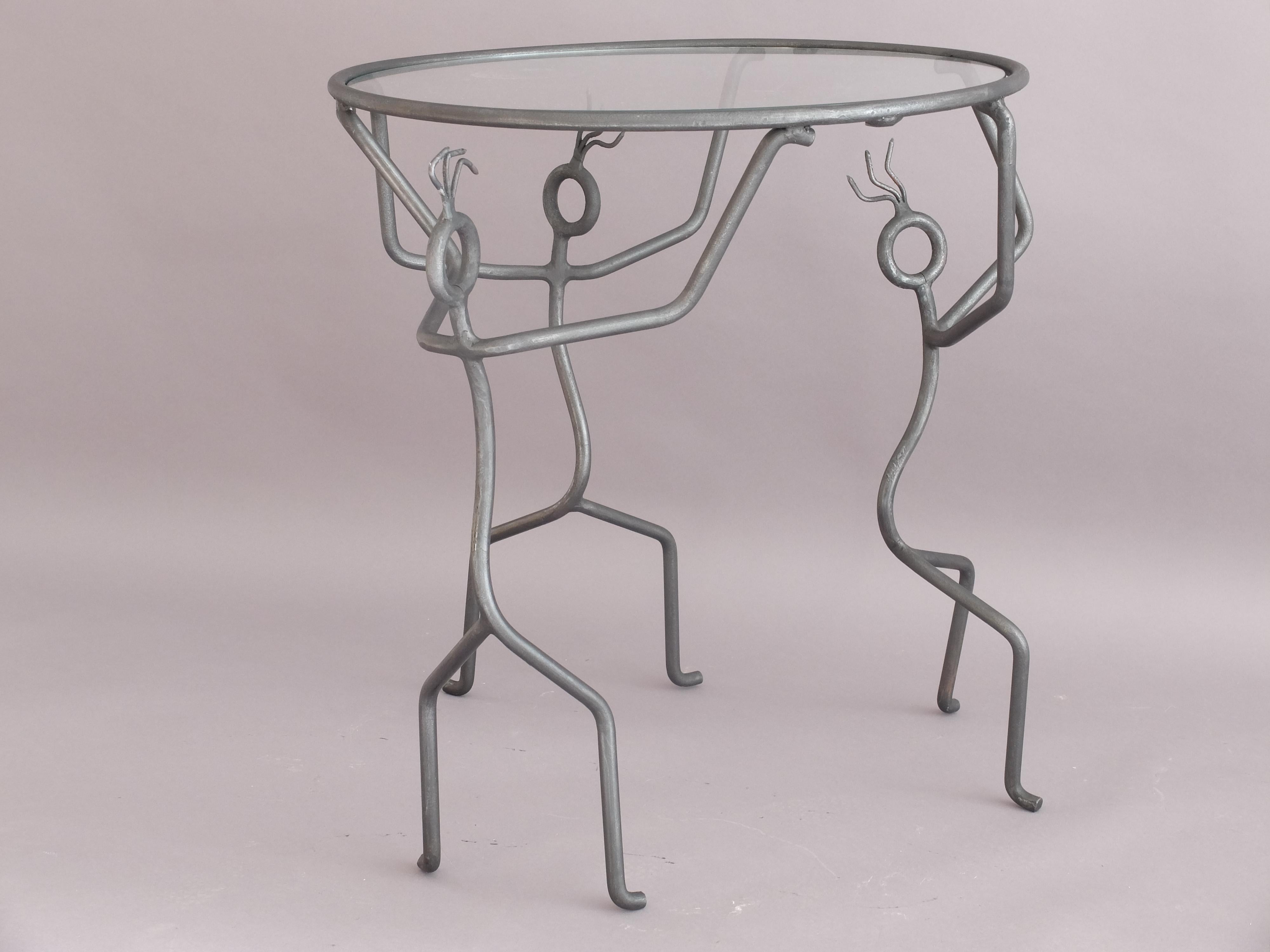 French Provincial Pair of wrought iron side table dancing ladies figure    Andre Dubreuil  For Sale