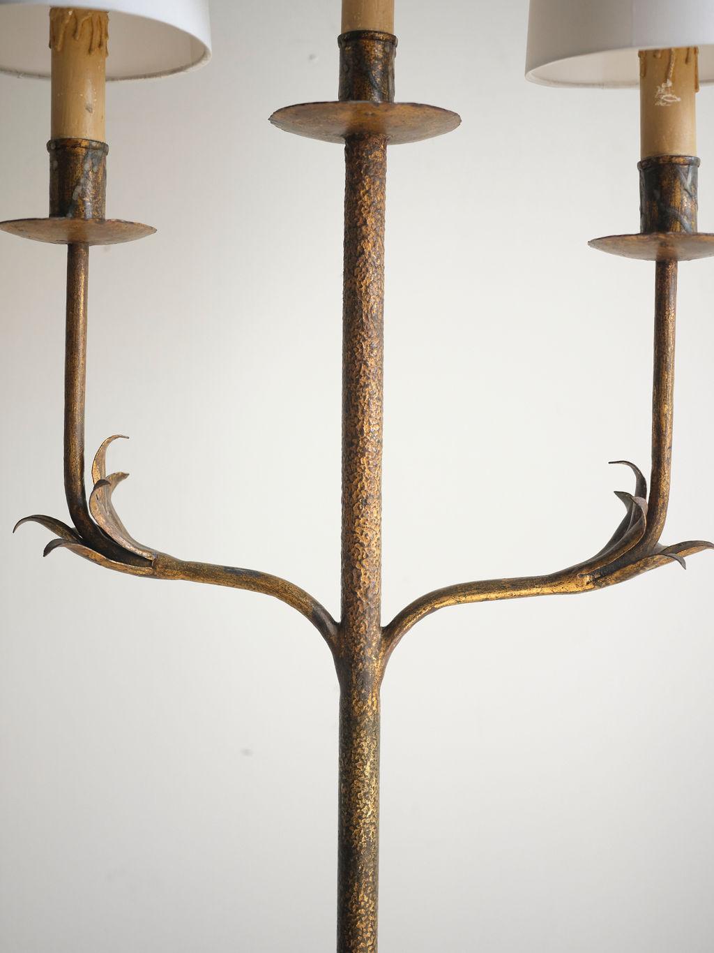 Spanish Colonial Pair of Wrought Iron Spanish Lamps with Linen Shades, circa 1950 For Sale