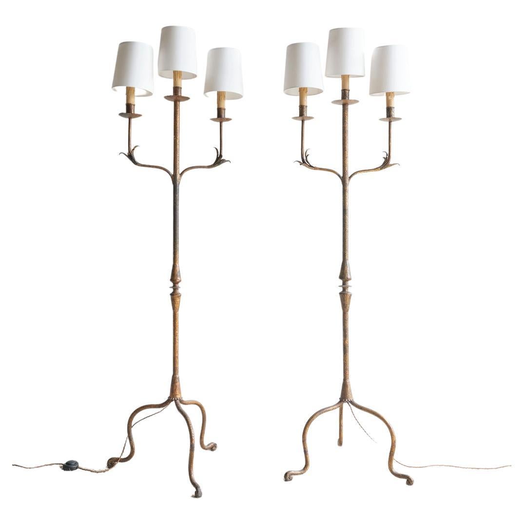 Pair of Wrought Iron Spanish Lamps with Linen Shades, circa 1950 For Sale