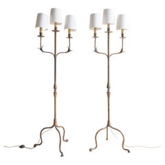 Retro Pair of Wrought Iron Spanish Lamps with Linen Shades, circa 1950