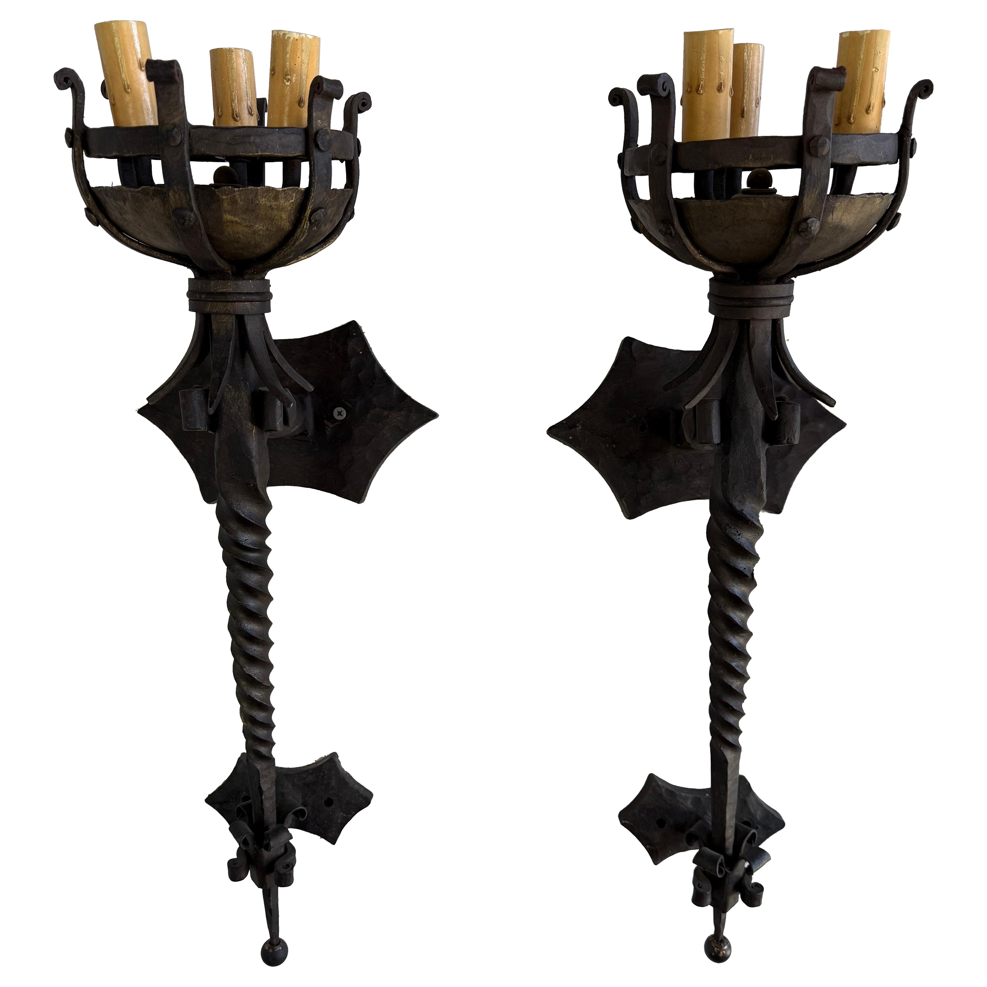 Pair of Wrought Iron Spanish Sconces-(Four Available)