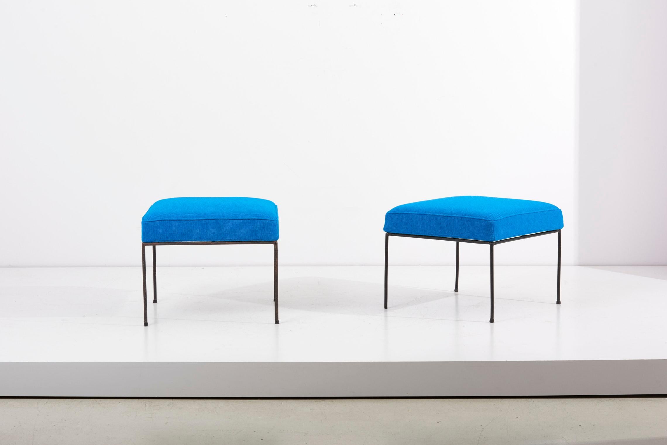 Pair of wrought iron stools, designed in 1950s by Paul McCobb and manufactured by Winchendon Furniture (Planner Group) in US.
Newly upholstered in blue Hallingdal fabric by Kvadrat.
