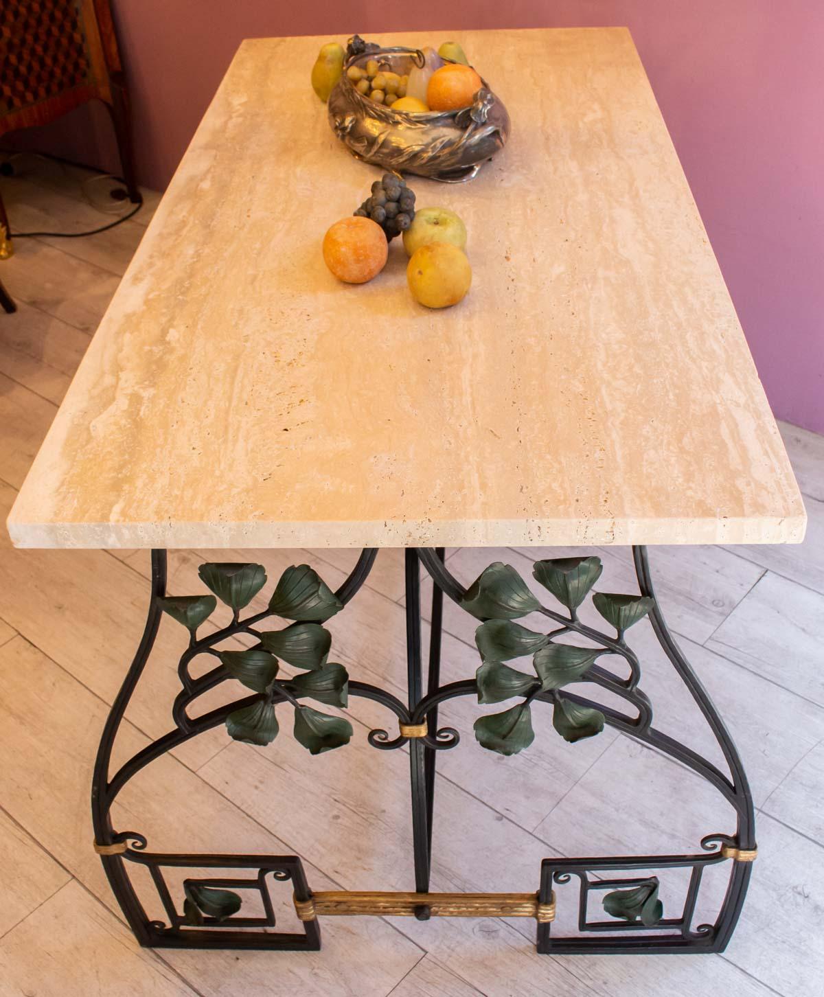 French Pair of Wrought Iron Tables, Travertine Tray, 1920