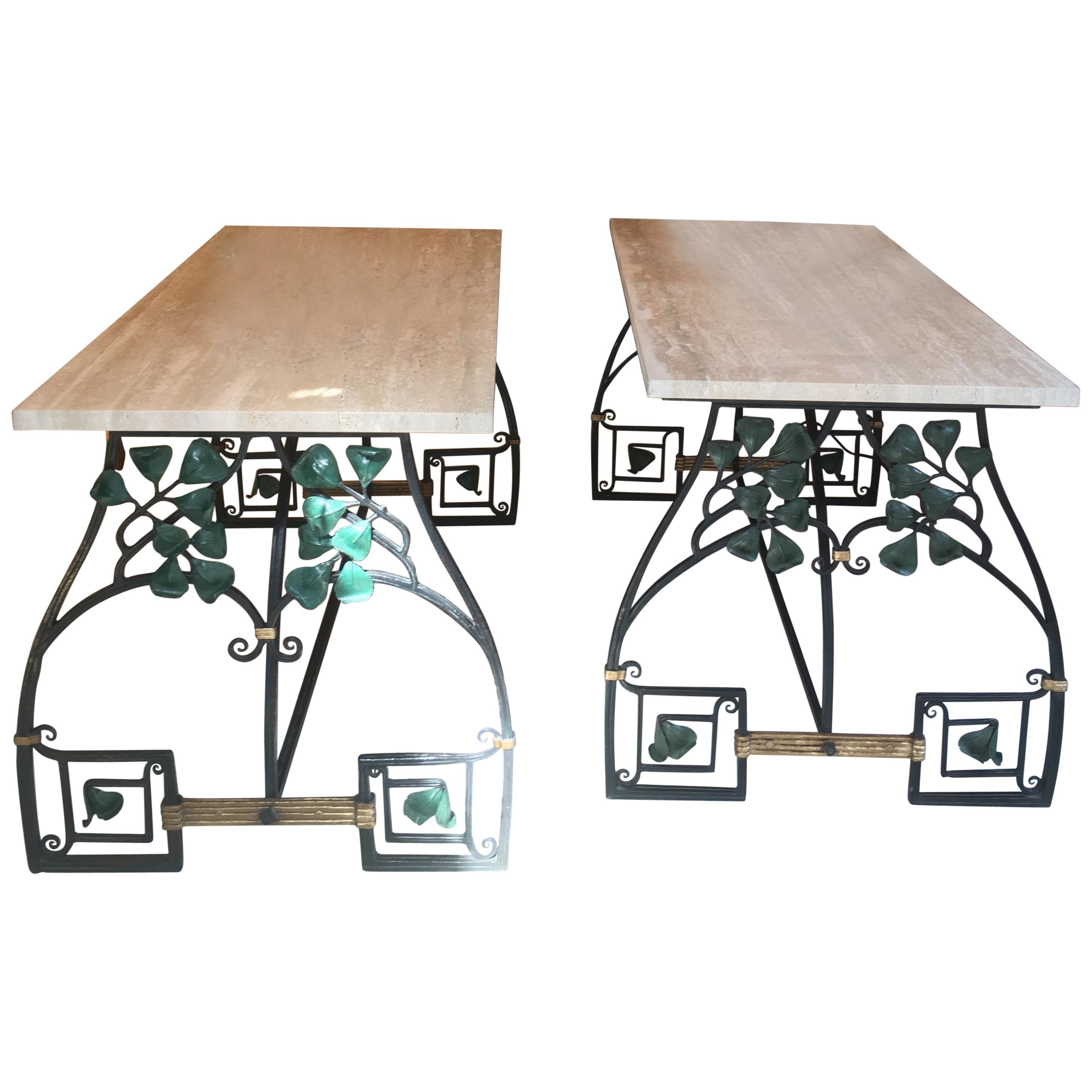 Pair of Wrought Iron Tables, Travertine Tray, 1920
