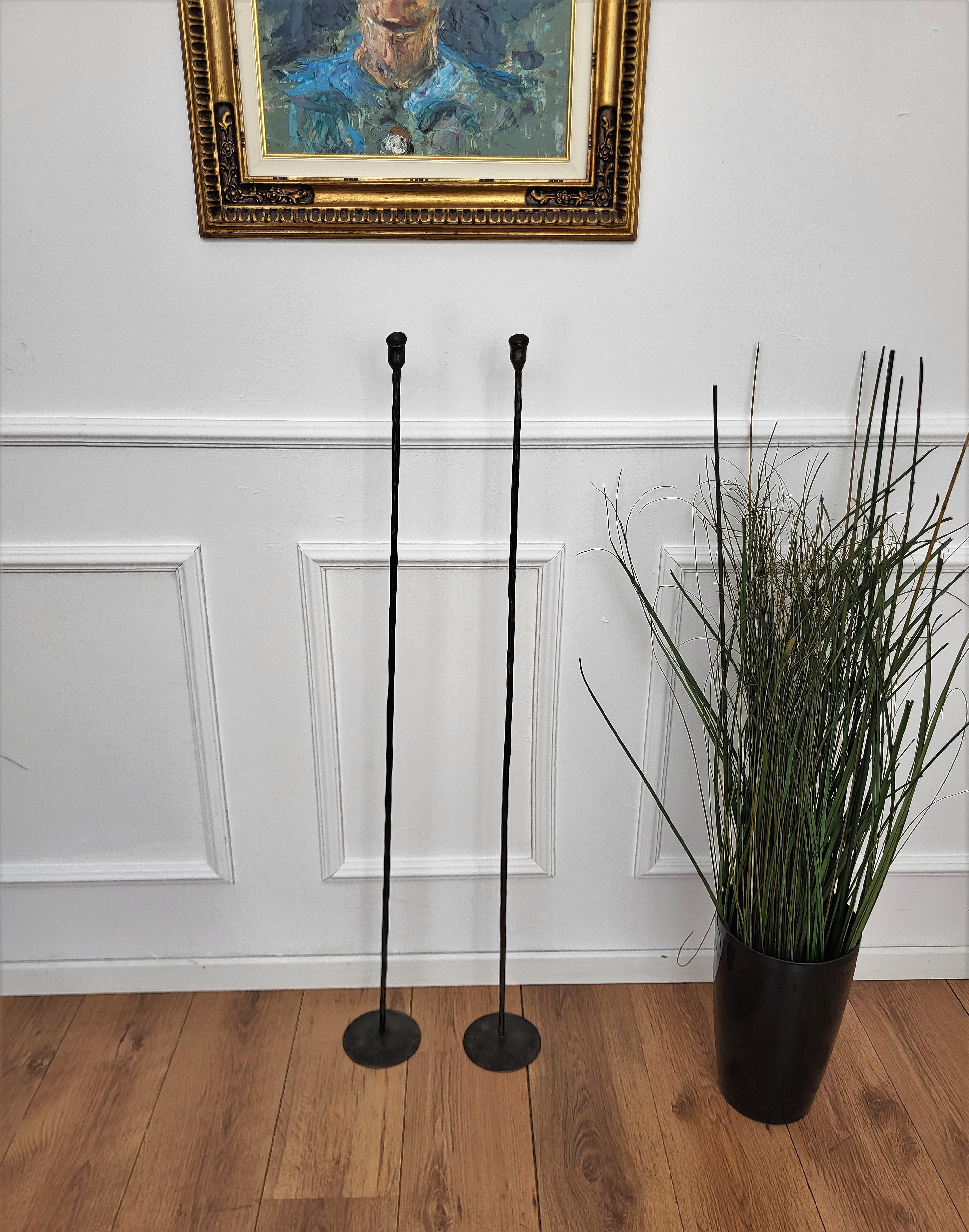 Pair of wrought iron tall floor candle holders in brutalist Giacometti style
