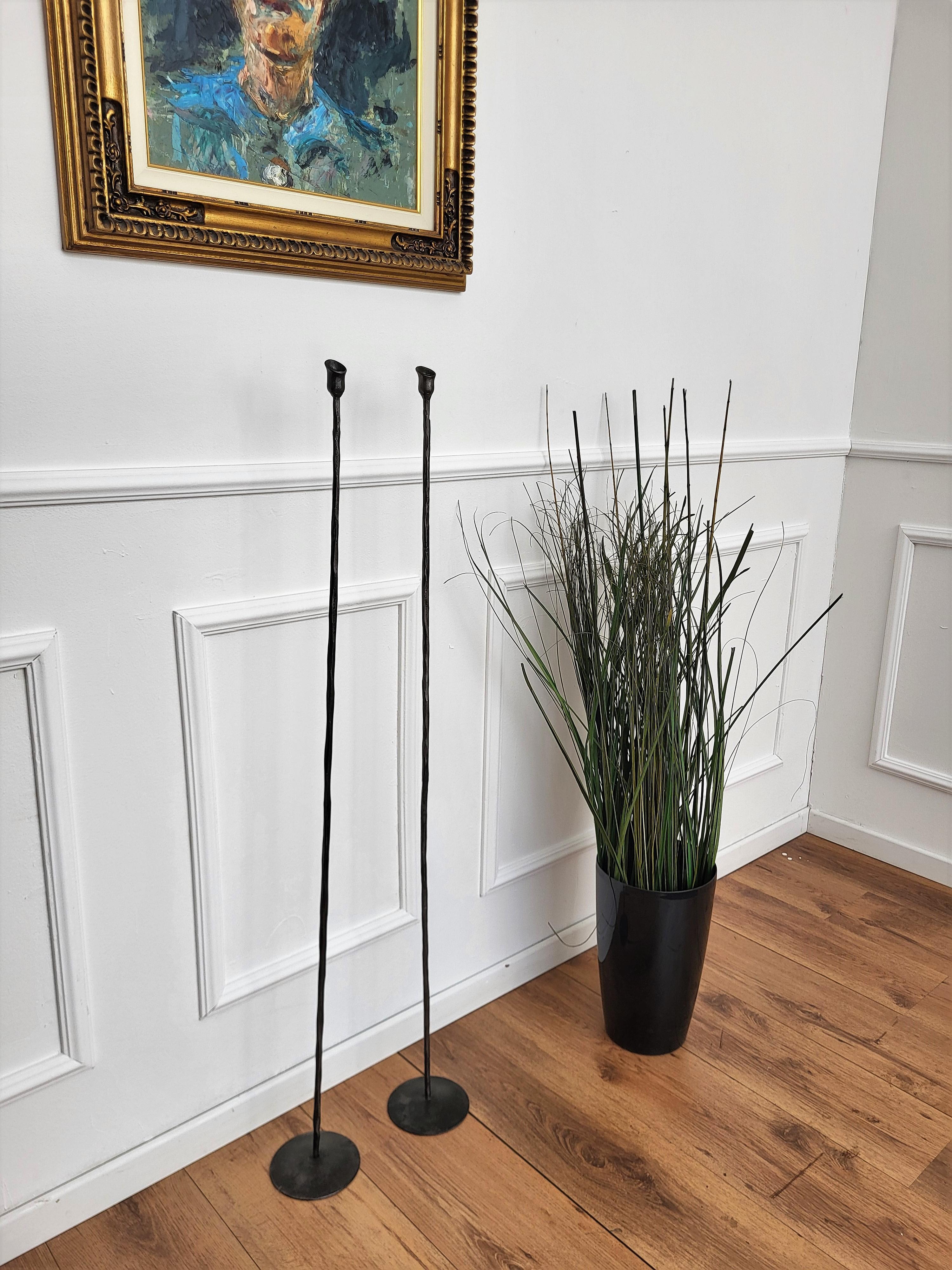 Italian Pair of Wrought Iron Tall Floor Candle Holders in Brutalist Giacometti Style For Sale