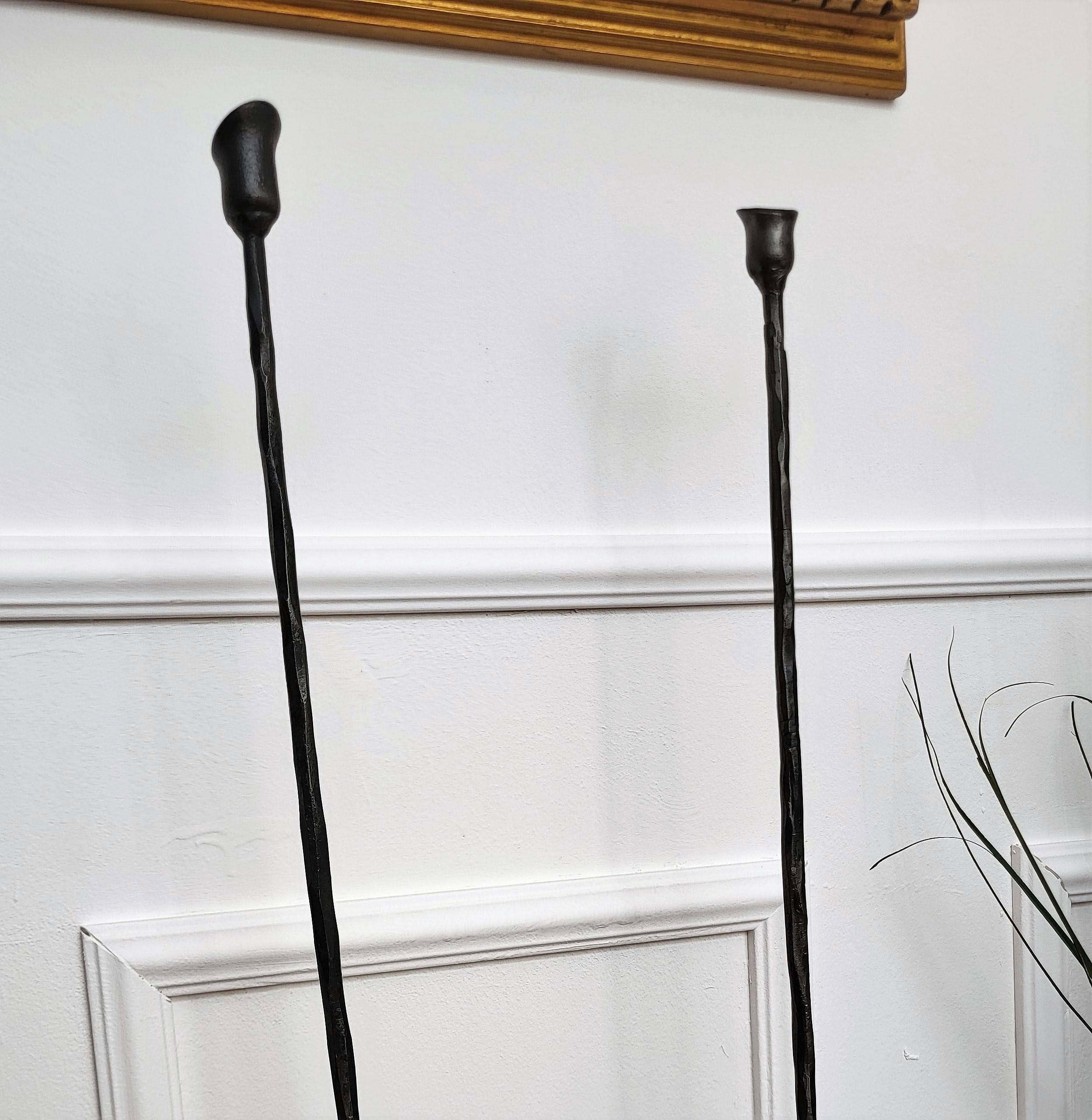 20th Century Pair of Wrought Iron Tall Floor Candle Holders in Brutalist Giacometti Style For Sale