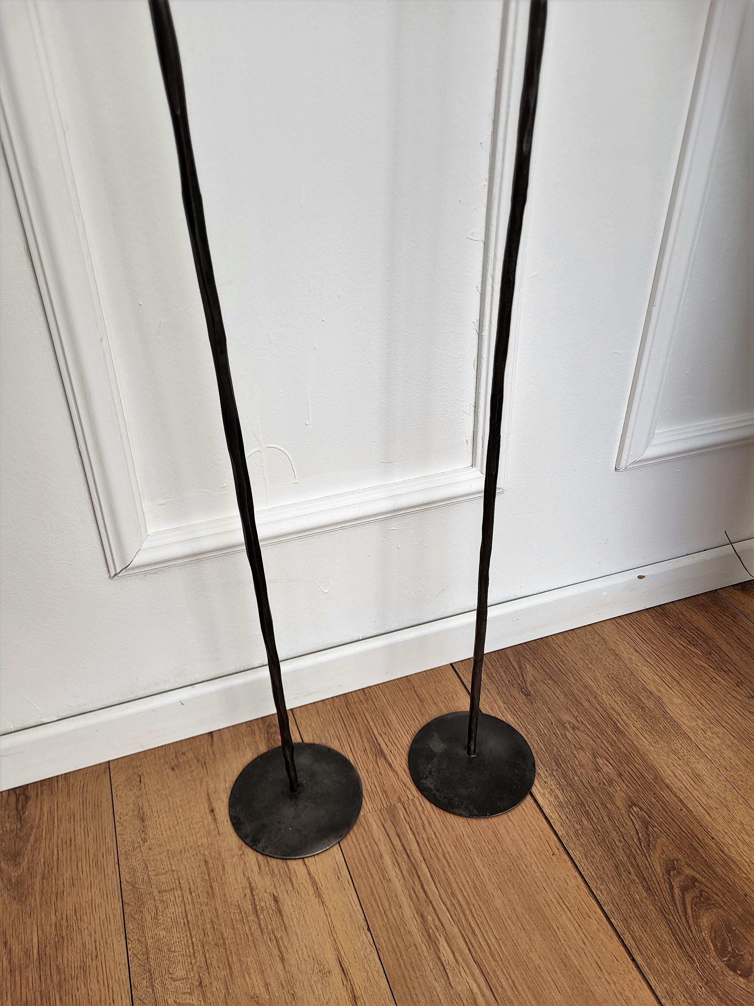 Pair of Wrought Iron Tall Floor Candle Holders in Brutalist Giacometti Style For Sale 1