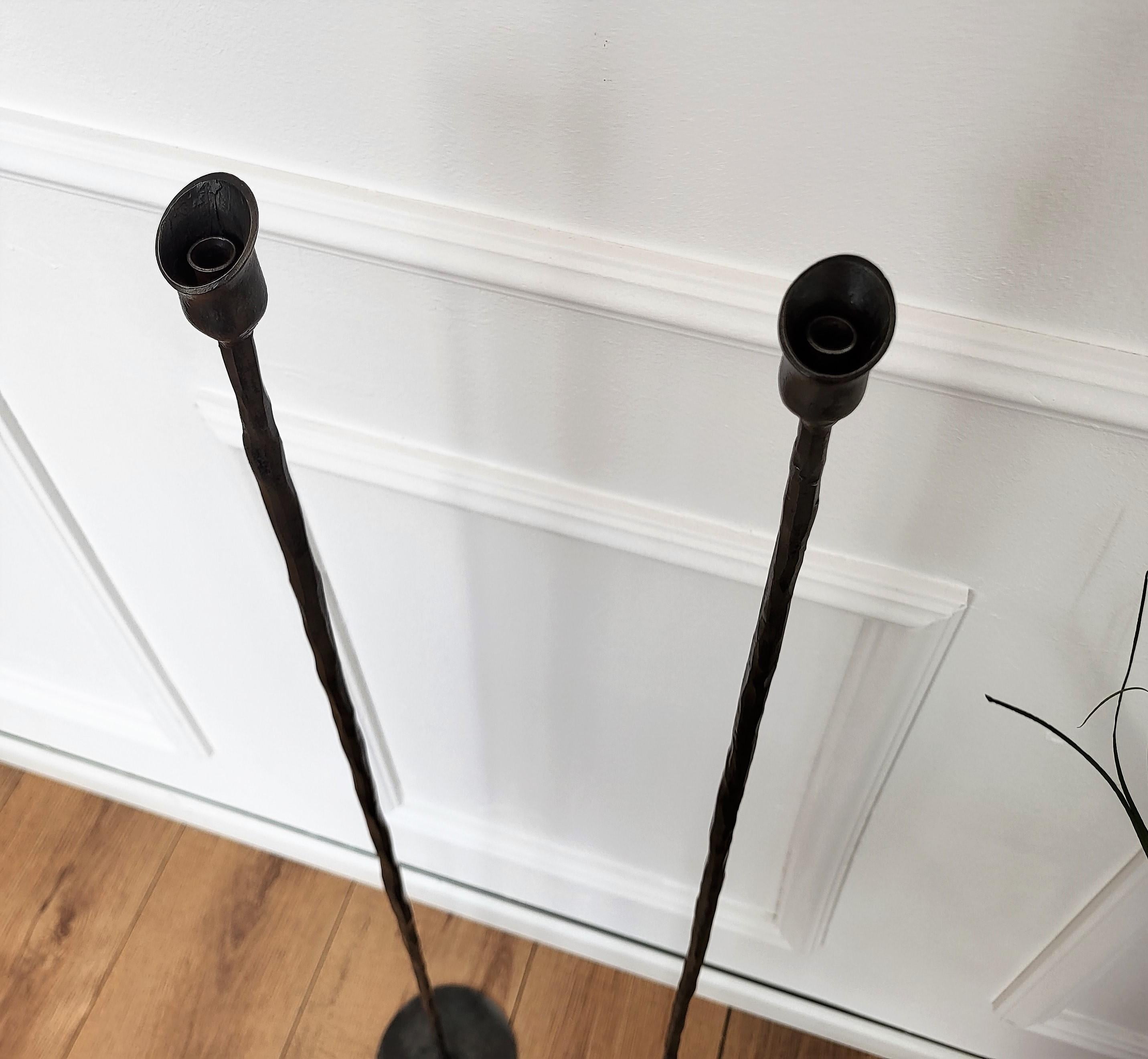 Pair of Wrought Iron Tall Floor Candle Holders in Brutalist Giacometti Style For Sale 2