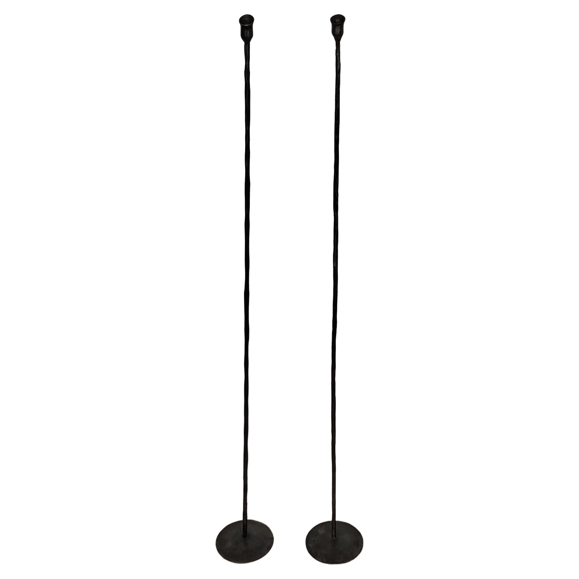 Pair of Wrought Iron Tall Floor Candle Holders in Brutalist Giacometti Style For Sale