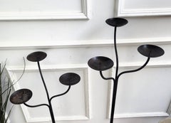 Pair of Wrought Iron Tall Floor Candle Holders in Brutalist Style