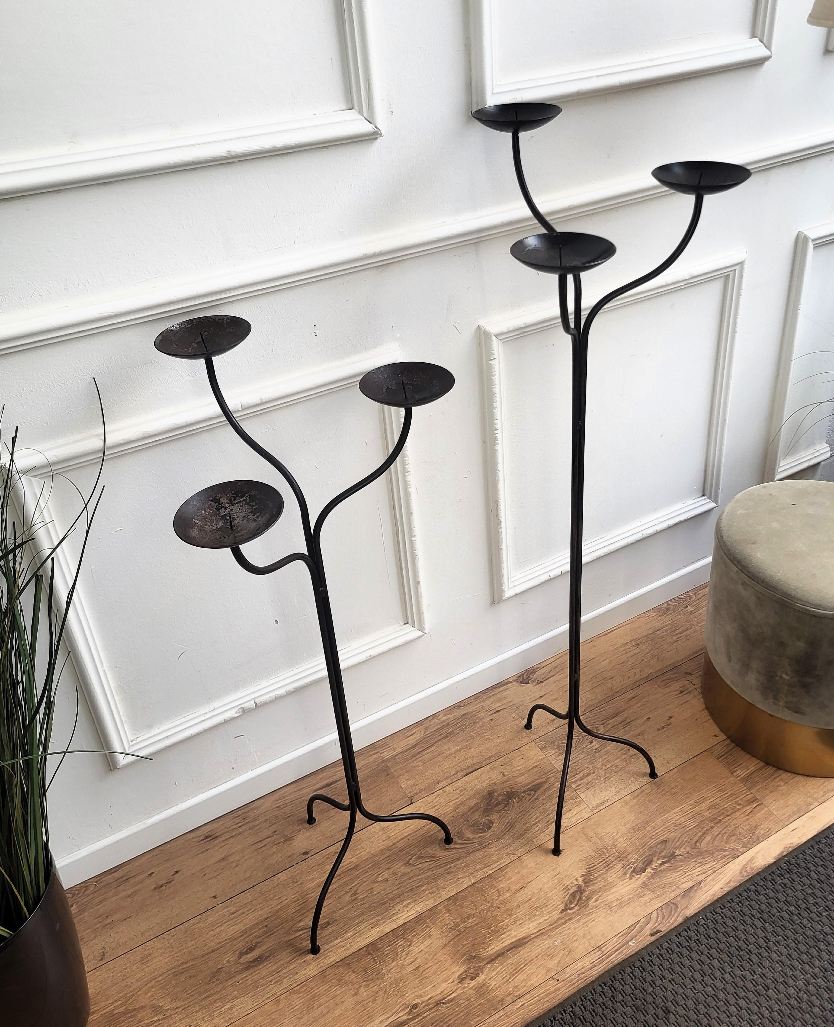 Italian Pair of Wrought Iron Tall Floor Candle Holders in Brutalist Style For Sale